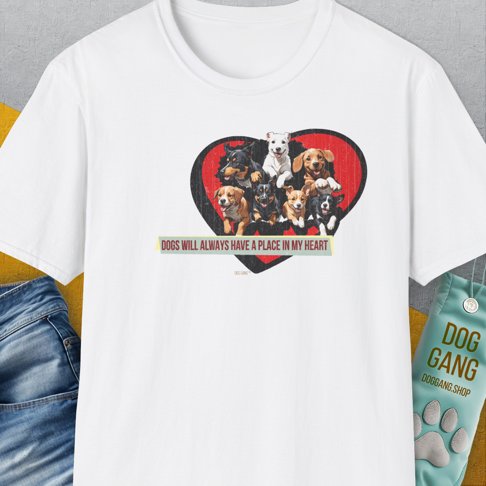 My Heart Belong To Dogs (dogs will always have a place in my heart), Volume 2, Unisex T-Shirt-White. A perfect gift for dog lovers and dog owners. Design by Dog Gang