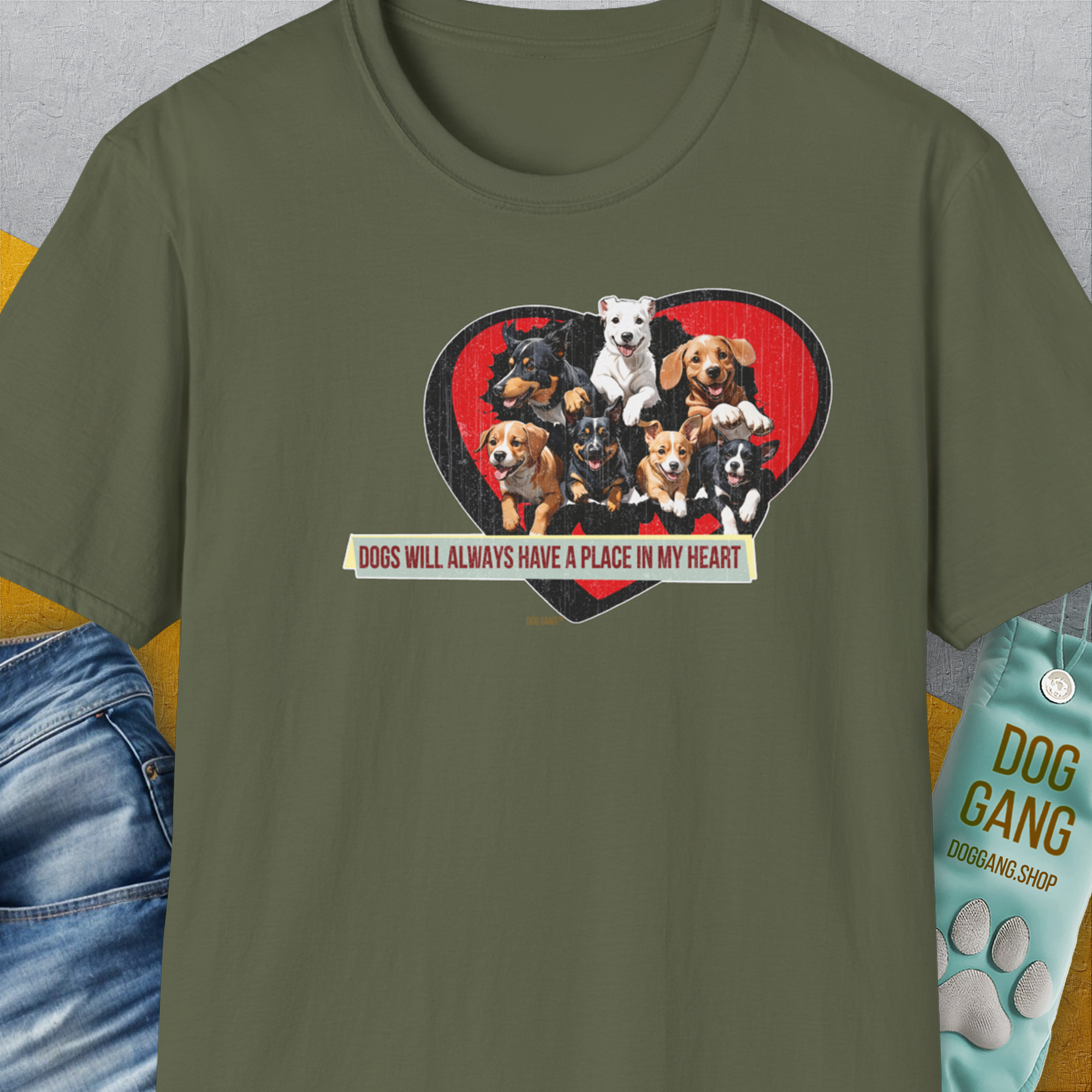 My Heart Belong To Dogs (dogs will always have a place in my heart), Volume 2, Unisex T-Shirt-Military Green, Design by Dog Gang