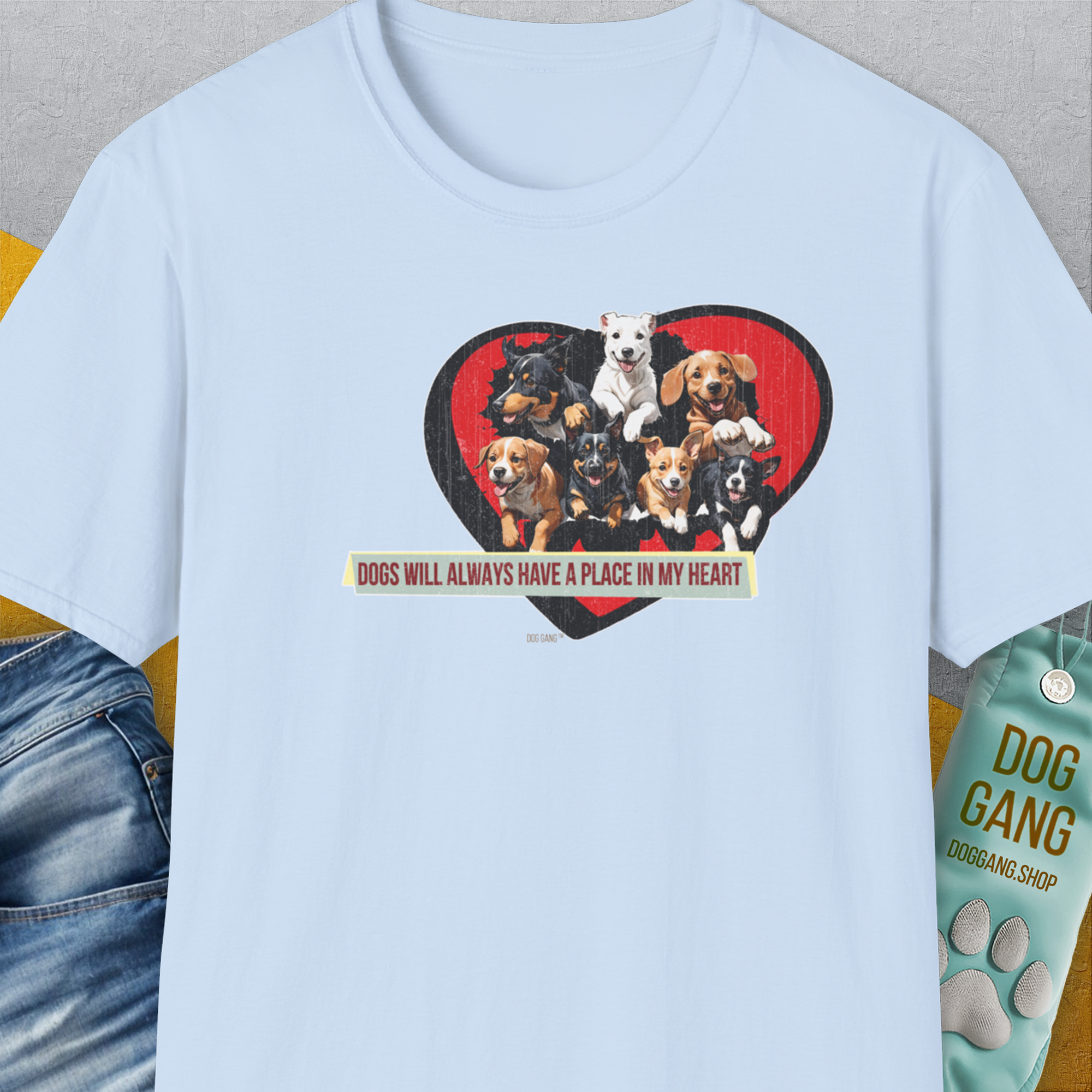 My Heart Belong To Dogs (dogs will always have a place in my heart), Volume 2, Unisex T-Shirt-Light Blue, Design by Dog Gang