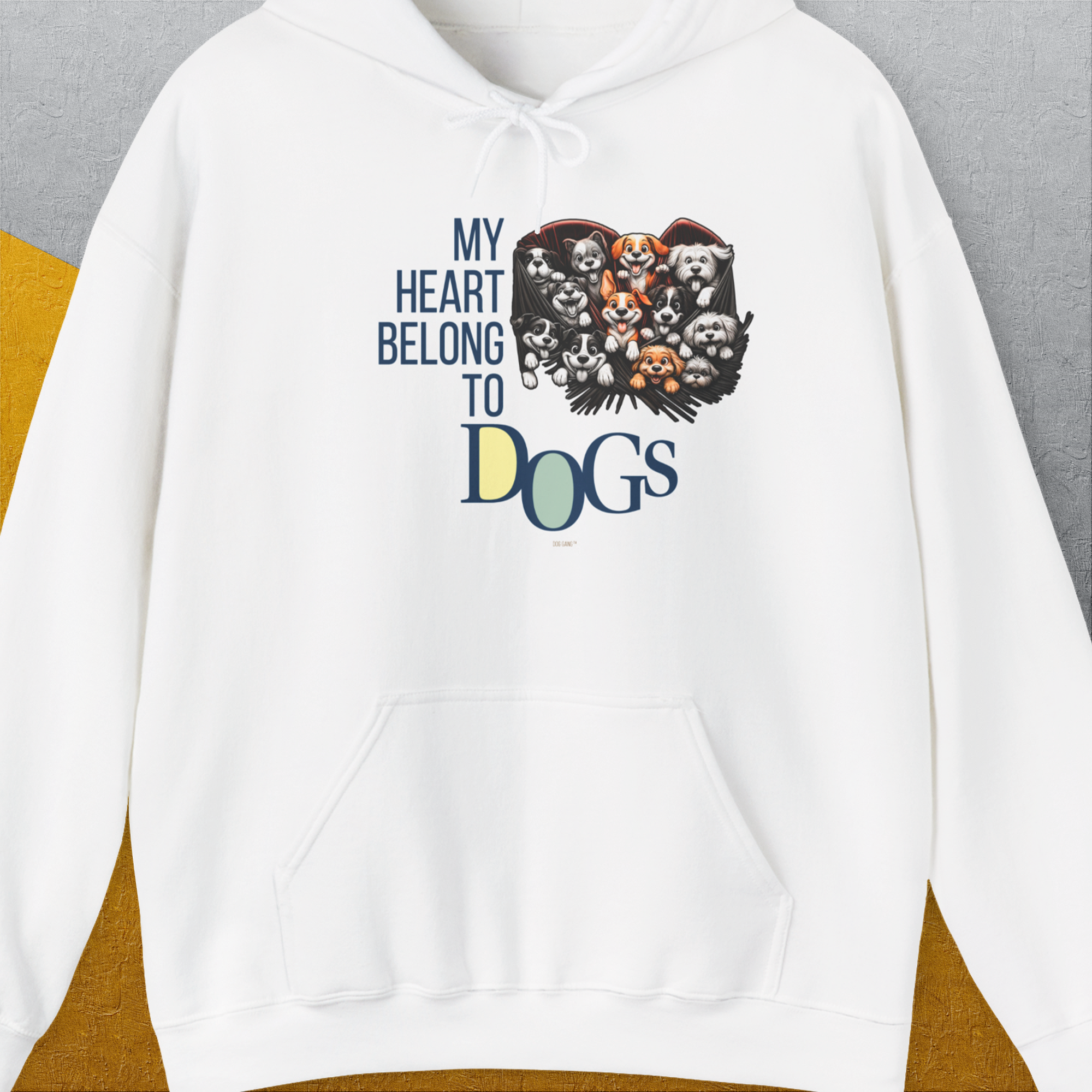 My Heart Belong To Dogs, Volume 1, Unisex Hoodie-White, a cool and stylish design with a funny saying from Dog Gang