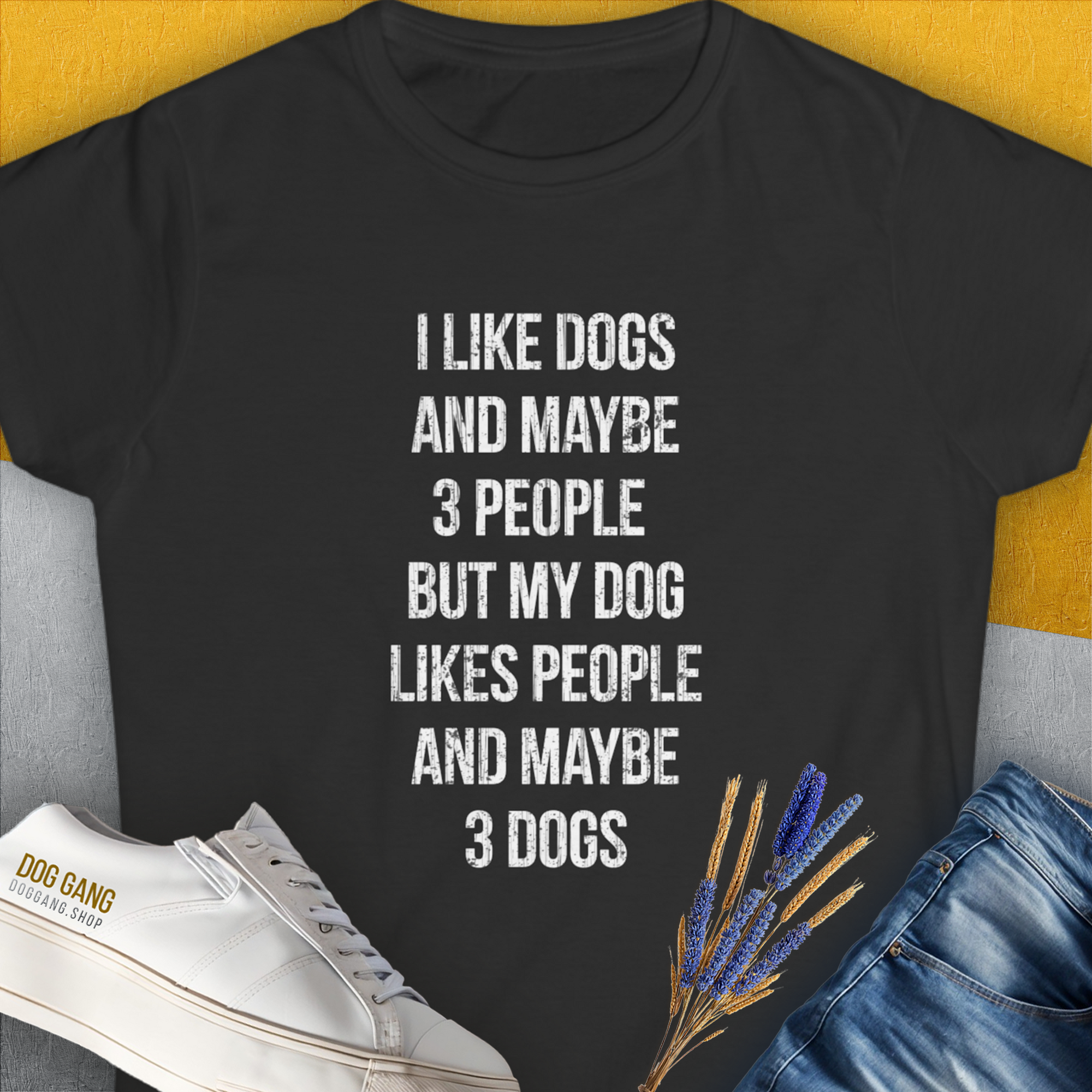 The I Like Dogs And Maybe 3 People shirt features a funny text design. Ideal for any dog person with a sense of humor. Designed by Dog Gang.