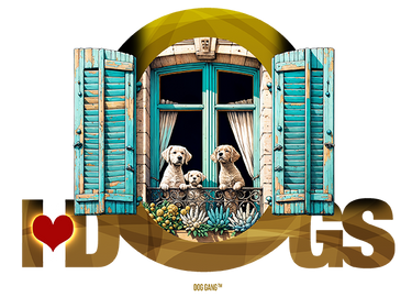 Three dogs are sitting on a balcony behind a round window with open blue shutters. The window frame is decorated with flowers and vines. A small red heart is in the bottom left corner.