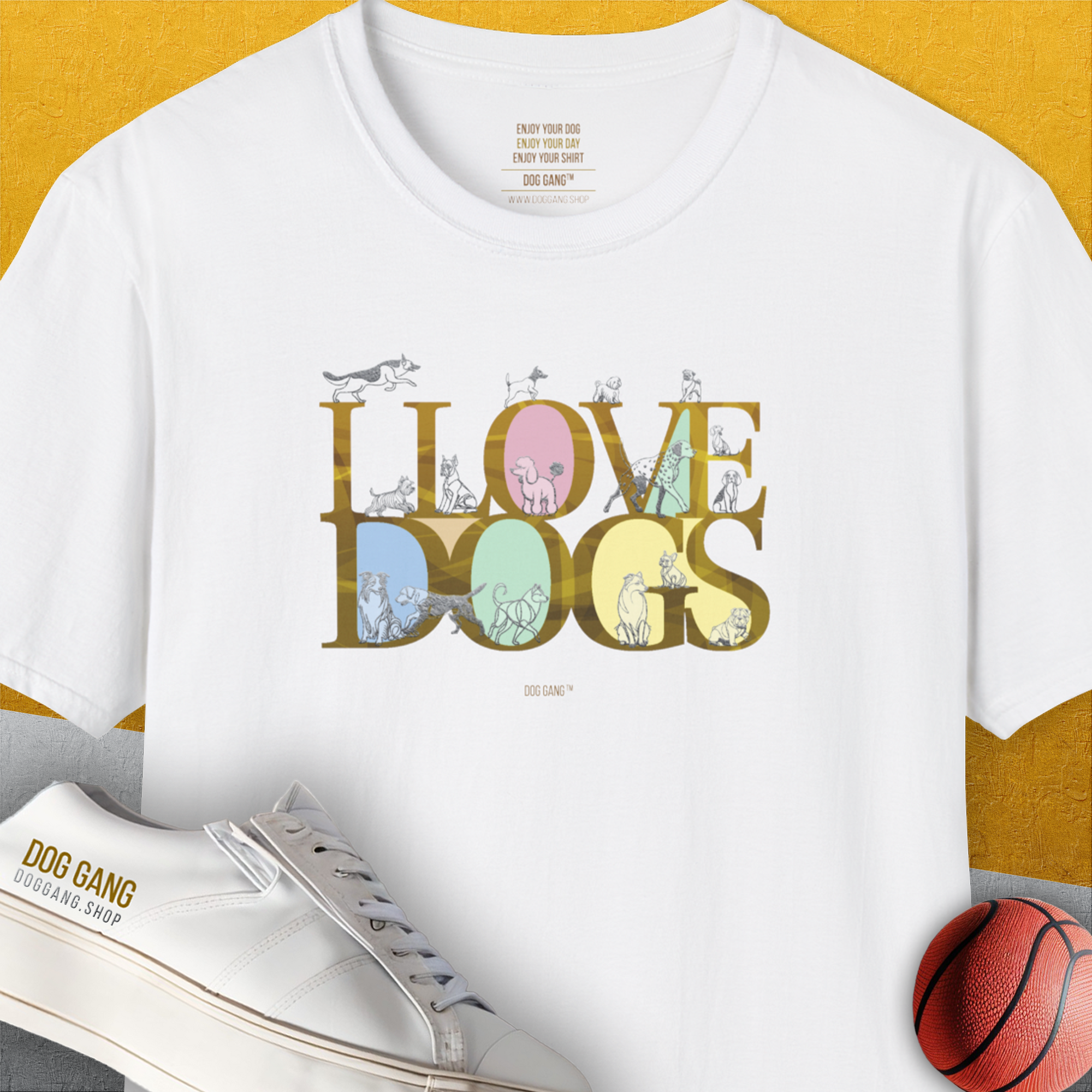 I Love Dogs - Series I, Volume 10, Unisex T-Shirt-White. A perfect gift for dog lovers and dog owners. Design by Dog Gang