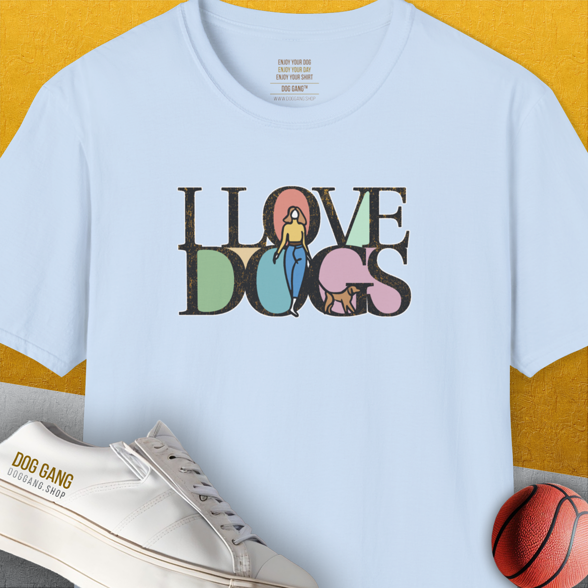 I Love Dogs - Series I, Volume 5, Unisex T-Shirt-Light Blue. A perfect gift for dog lovers and dog owners. Design by Dog Gang