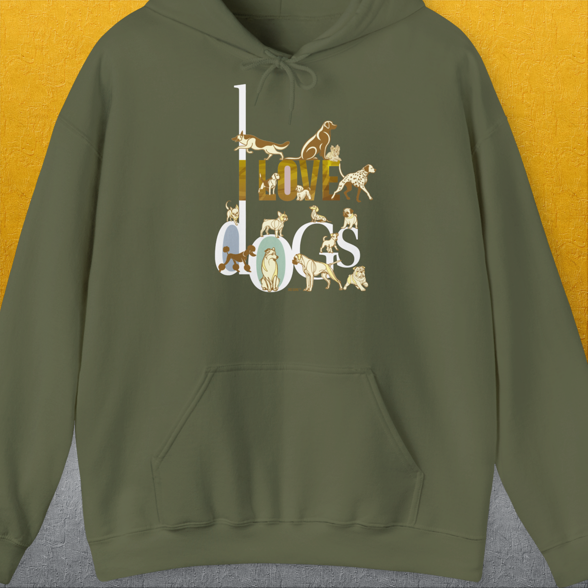 I Love Dogs - Series I, Volume 1, Unisex Hoodie-Military Green, Design by Dog Gang