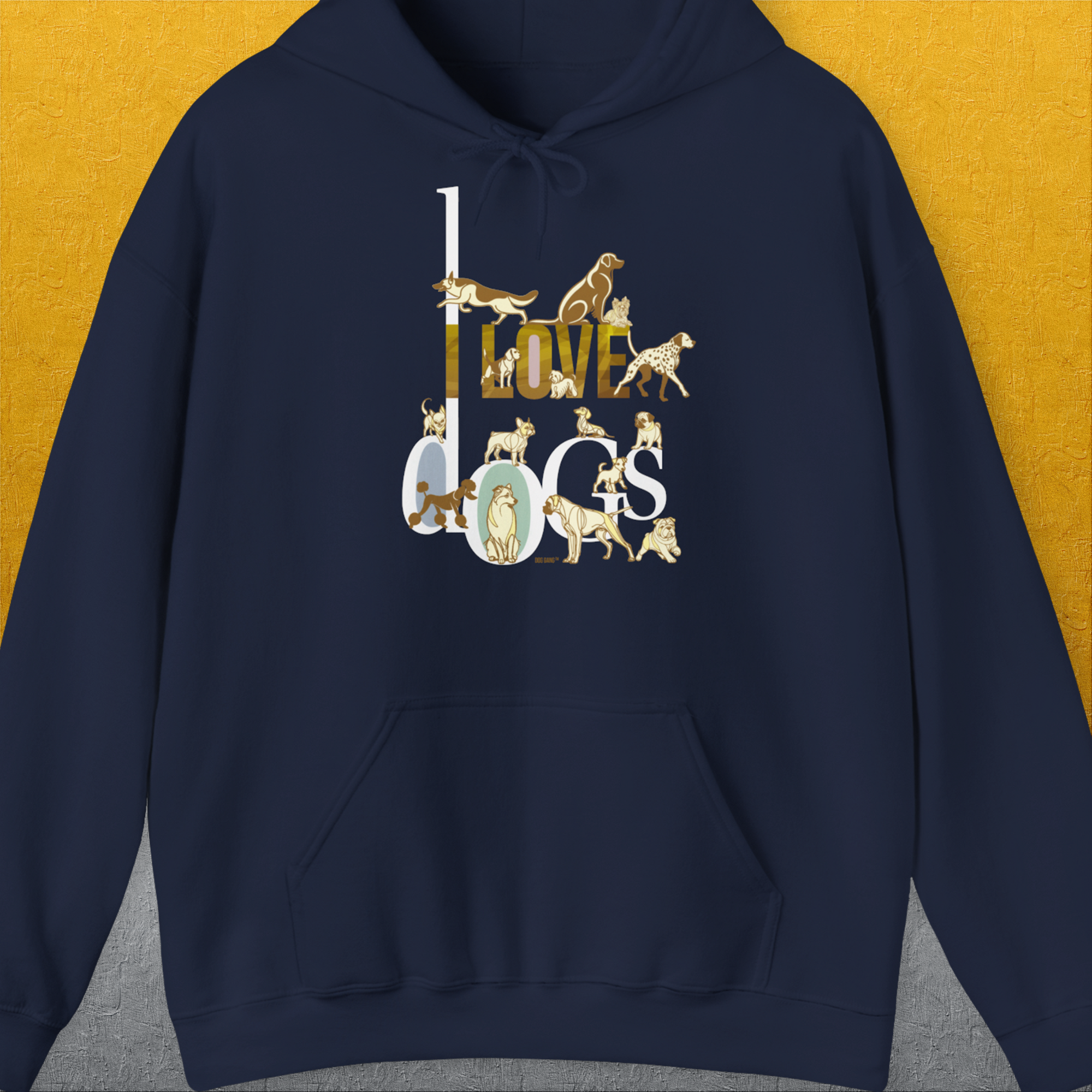 The shirt features a funny dog design with I love dogs text made from adorable dog illustrations. Perfect for any dog lover gift. Designed by Dog Gang.