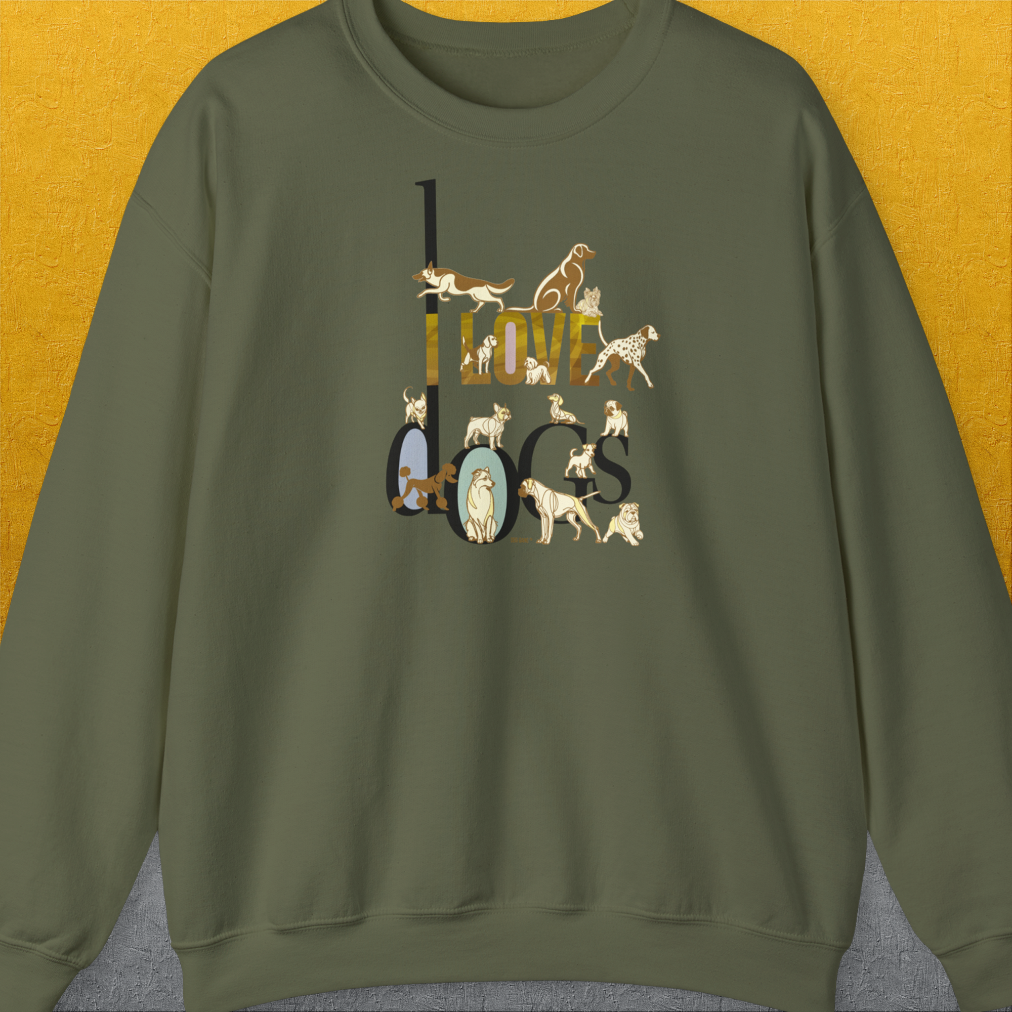 I Love Dogs - Series I, Volume 1, Unisex Sweatshirt-Military Green, Design by Dog Gang