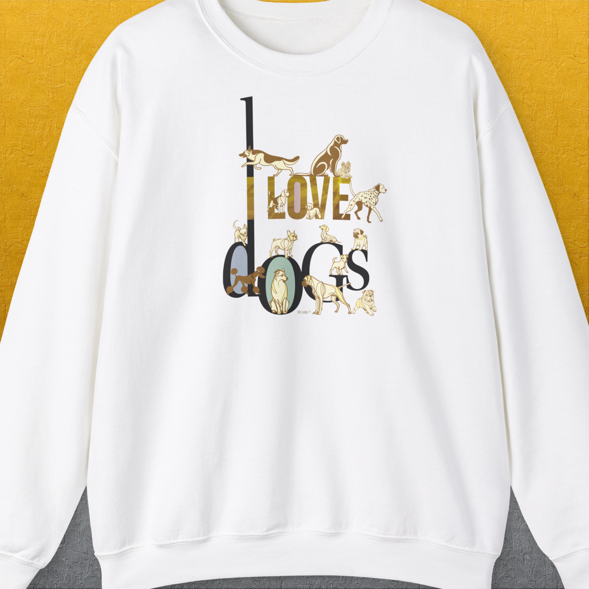 Unisex I Love Dogs sweatshirt featuring a cute dog design with various dog illustrations. Designed by Dog Gang.
