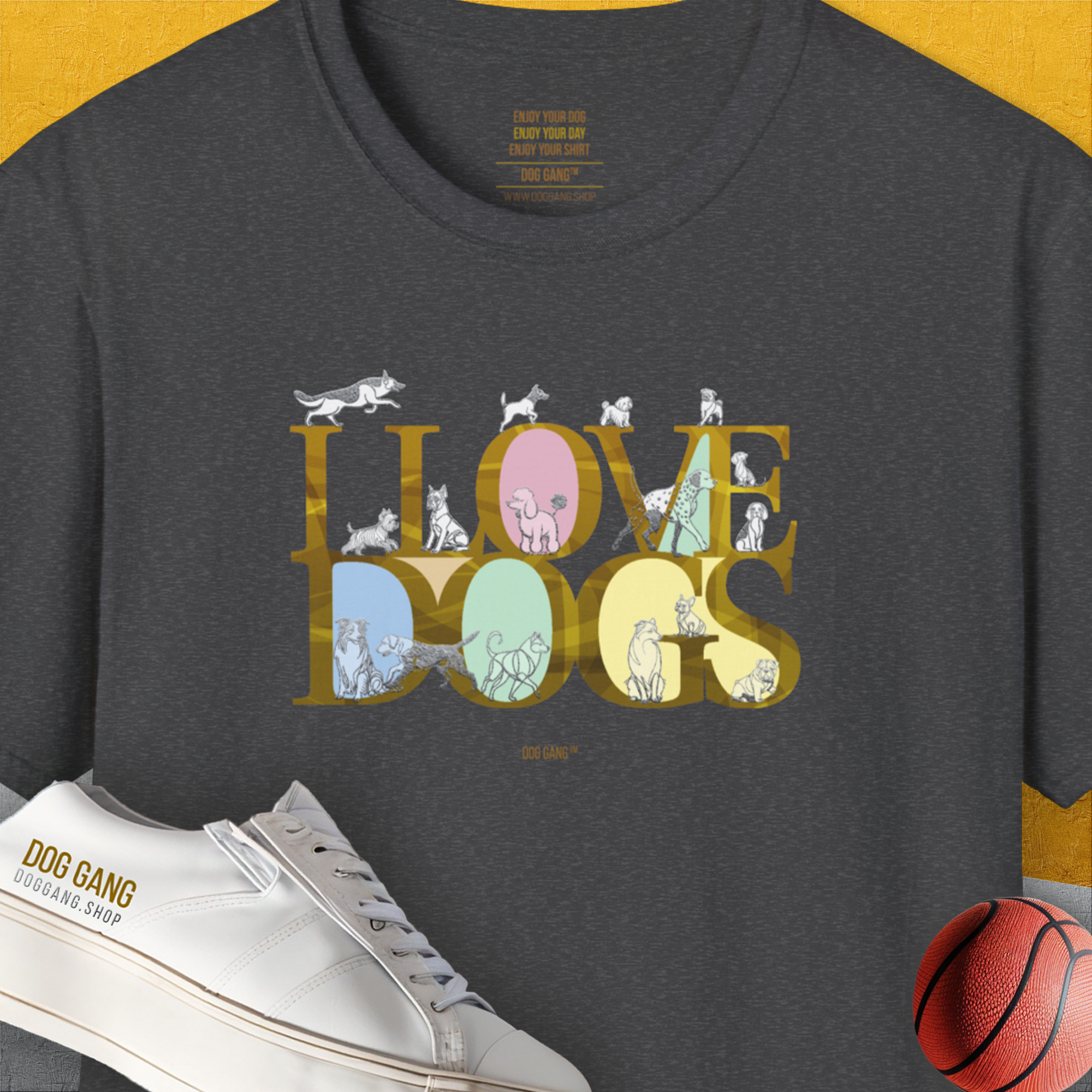 Unisex t-shirt with a cute dog design, showcasing I LOVE DOGS text and dog illustrations on a yellow background. Designed by Dog Gang.