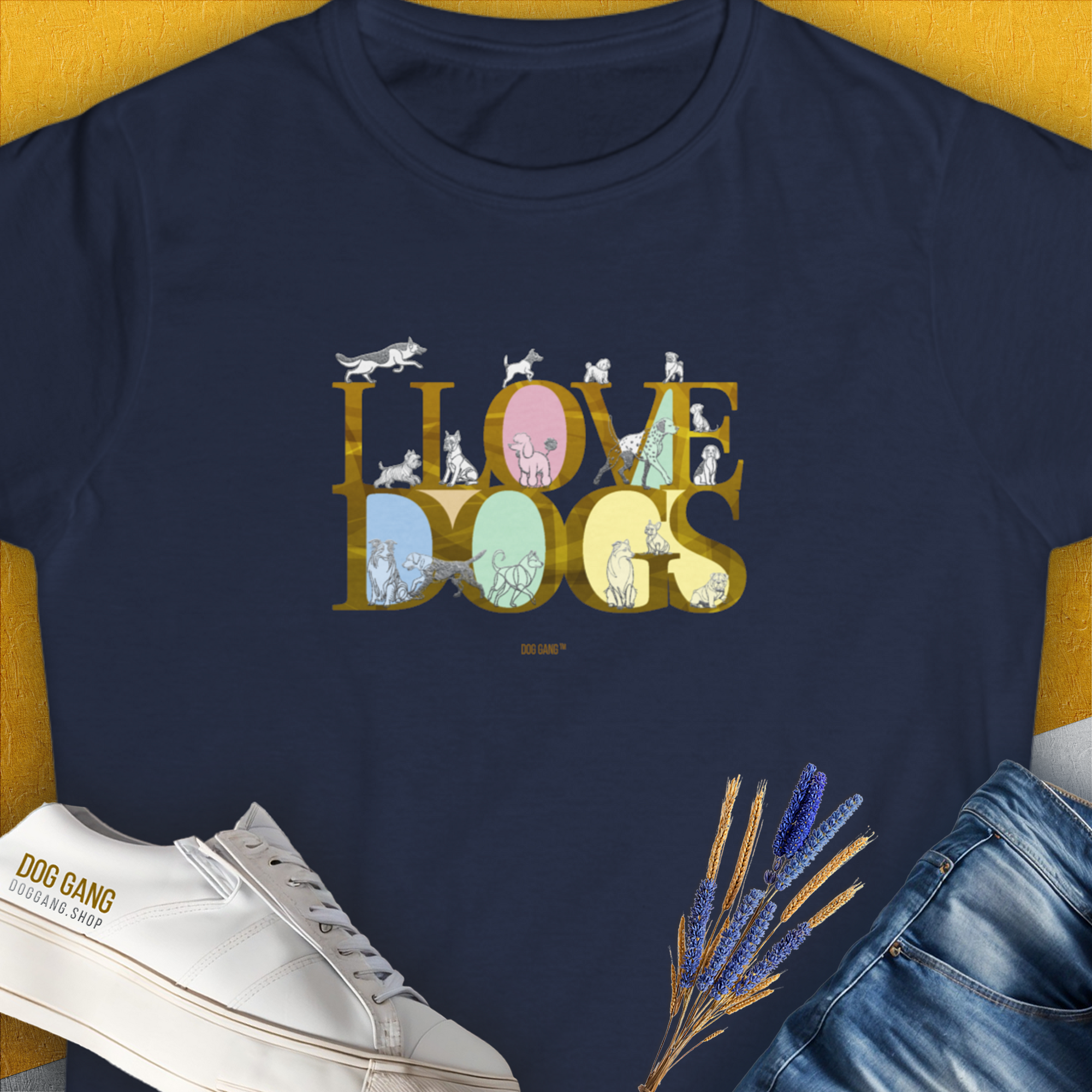 Navy womens t-shirt with I LOVE DOGS and charming dog illustrations. Designed by Dog Gang. Perfect for the dog lover.