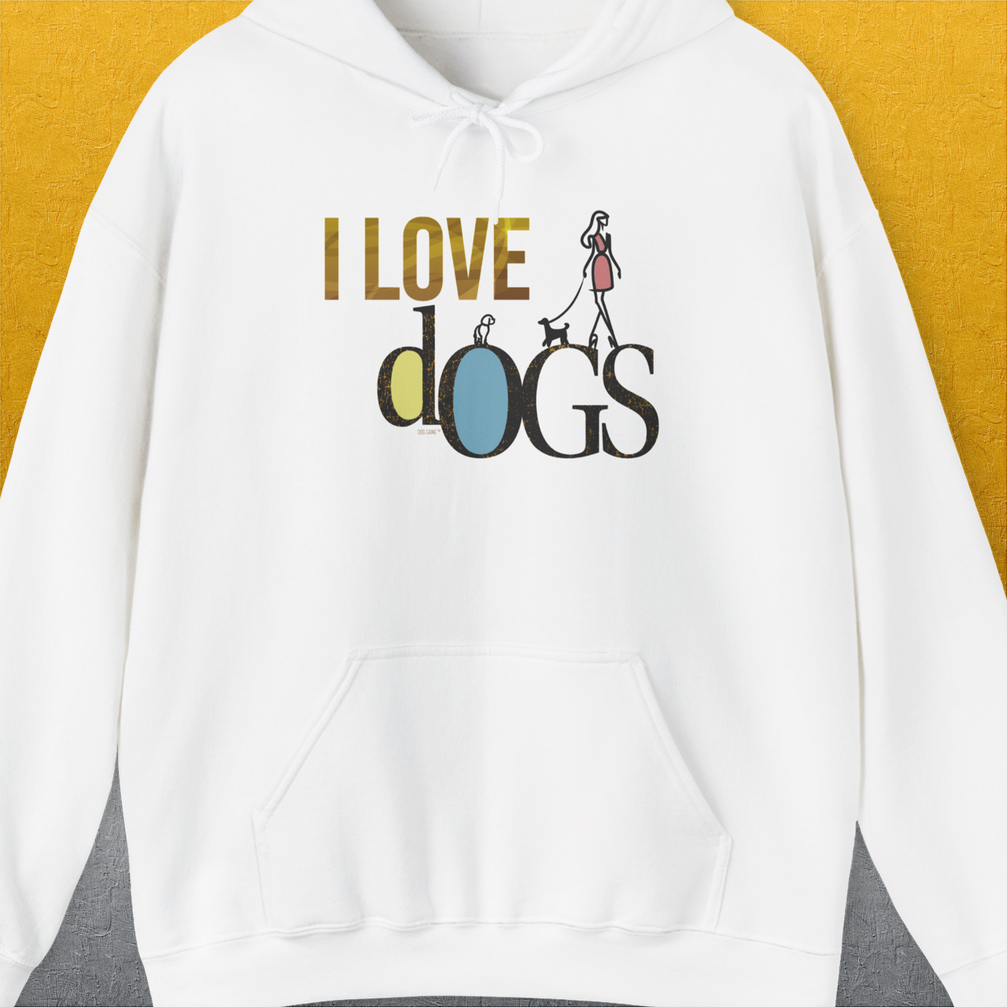 Funny dog shirt with I LOVE dogs and a woman walking her dog in a vibrant design. Designed by Dog Gang.
