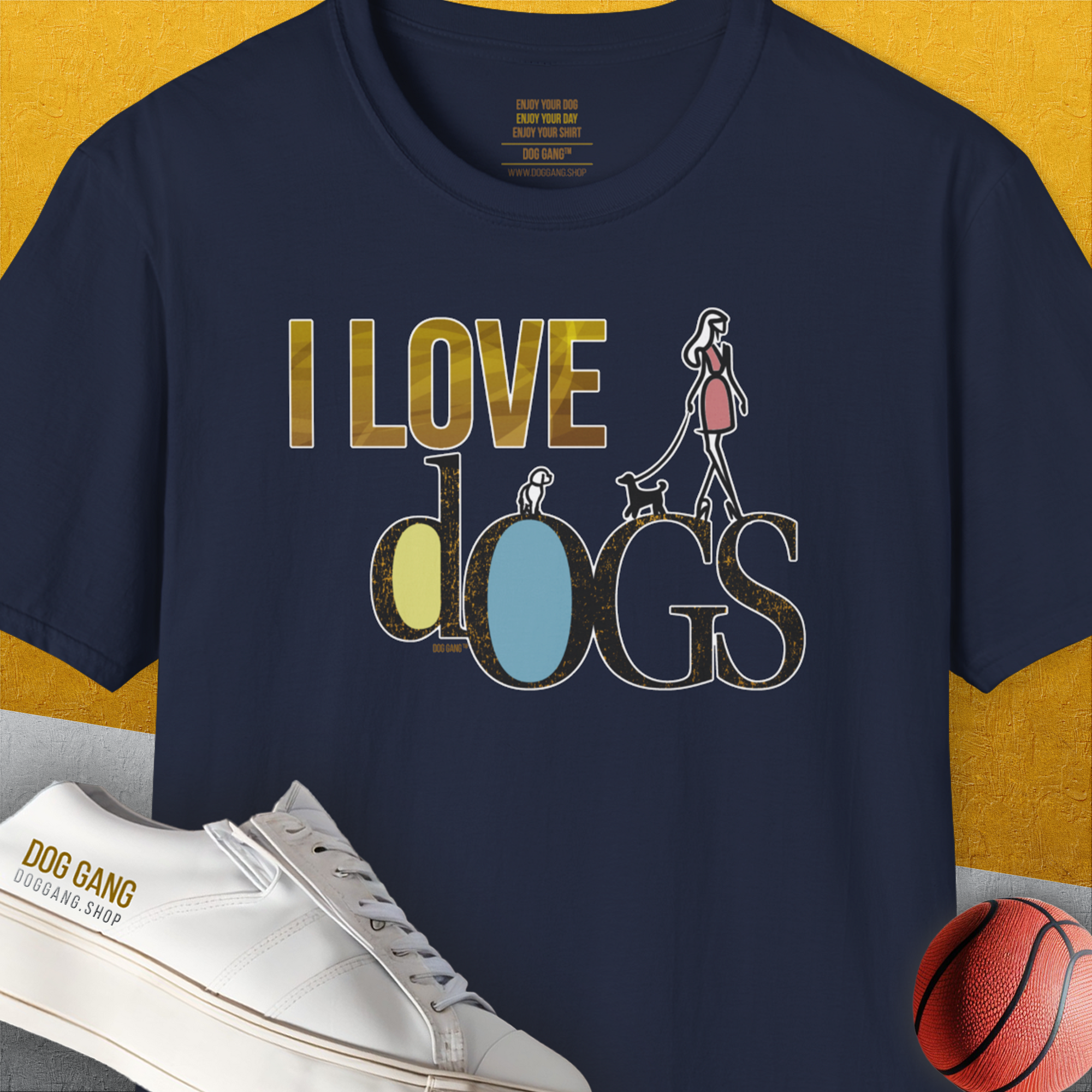 The unisex t-shirt boasts a vibrant basketball design with the phrase I Love Dogs - Series I, Volume 2 in bold lettering. A must-have for any dog lover. Designed by Dog Gang.