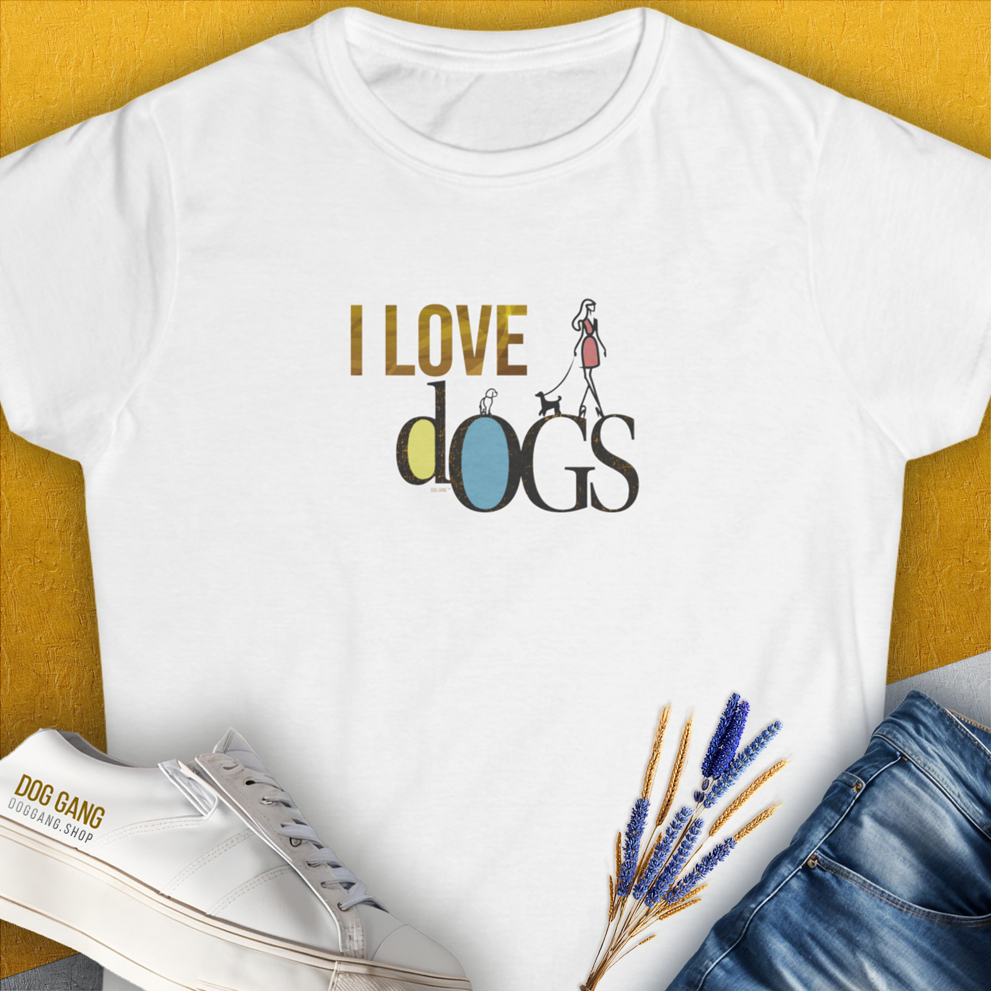 I Love Dogs on a yellow background, perfect for any dog lover. Designed by Dog Gang.