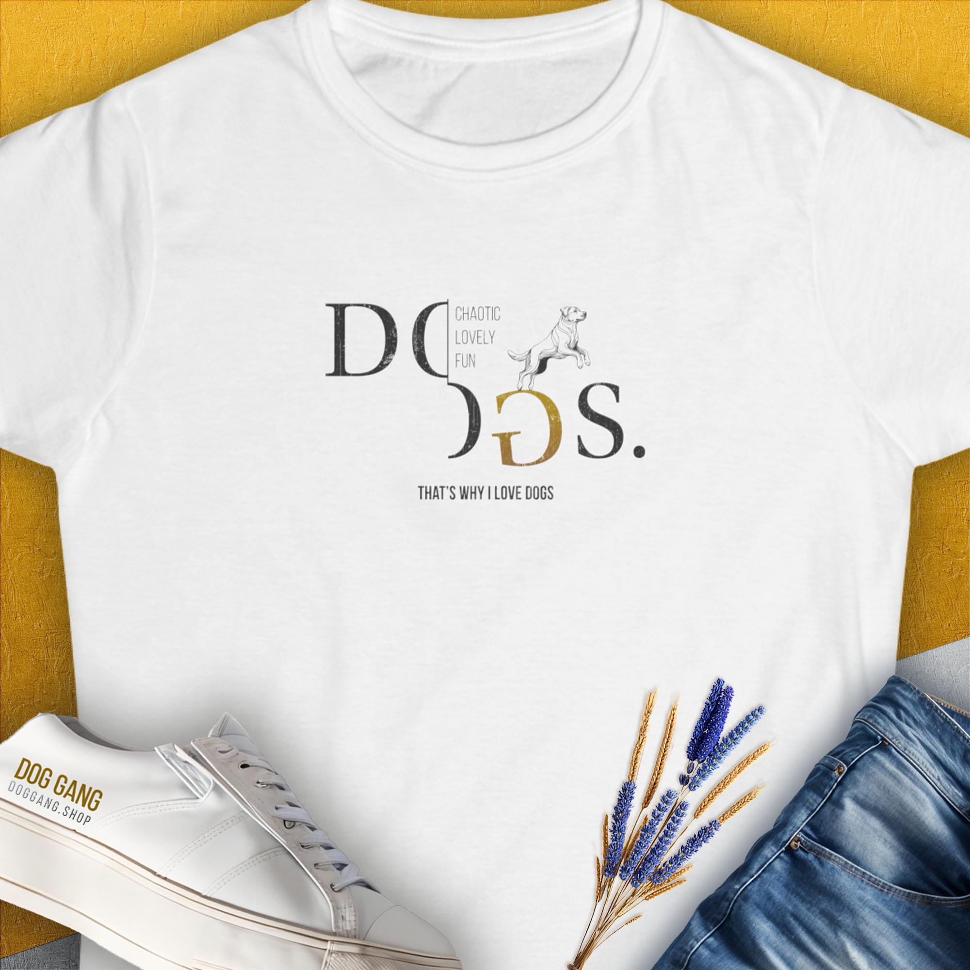 Womens white T-shirt features Chaotic Lovely Fun Dogs in a semi-fitted ringspun cotton design, accented by a small dog graphic. Perfect for any dog lover. Designed by Dog Gang.