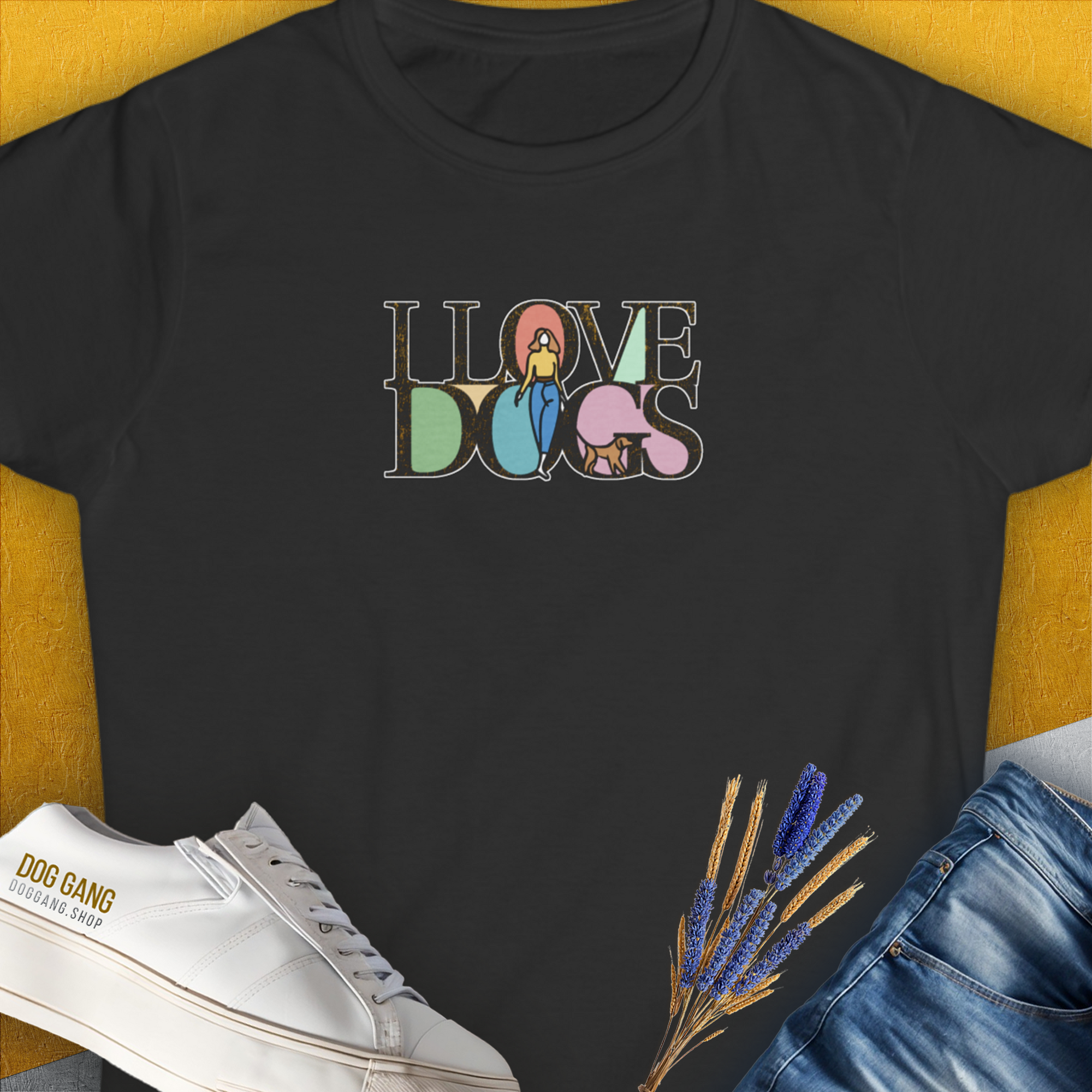 Black shirt with a cute dog design and the saying I Love Dogs - Series I, Volume 5. Perfect for any dog lover or as a dog lover gift. Designed by Dog Gang.