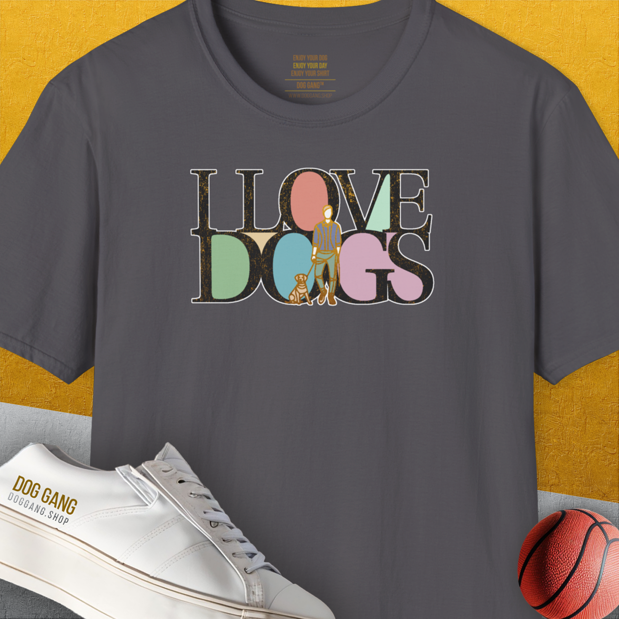 Funny dog shirt with I Love Dogs and a partially visible basketball adding a playful twist. Designed by Dog Gang.