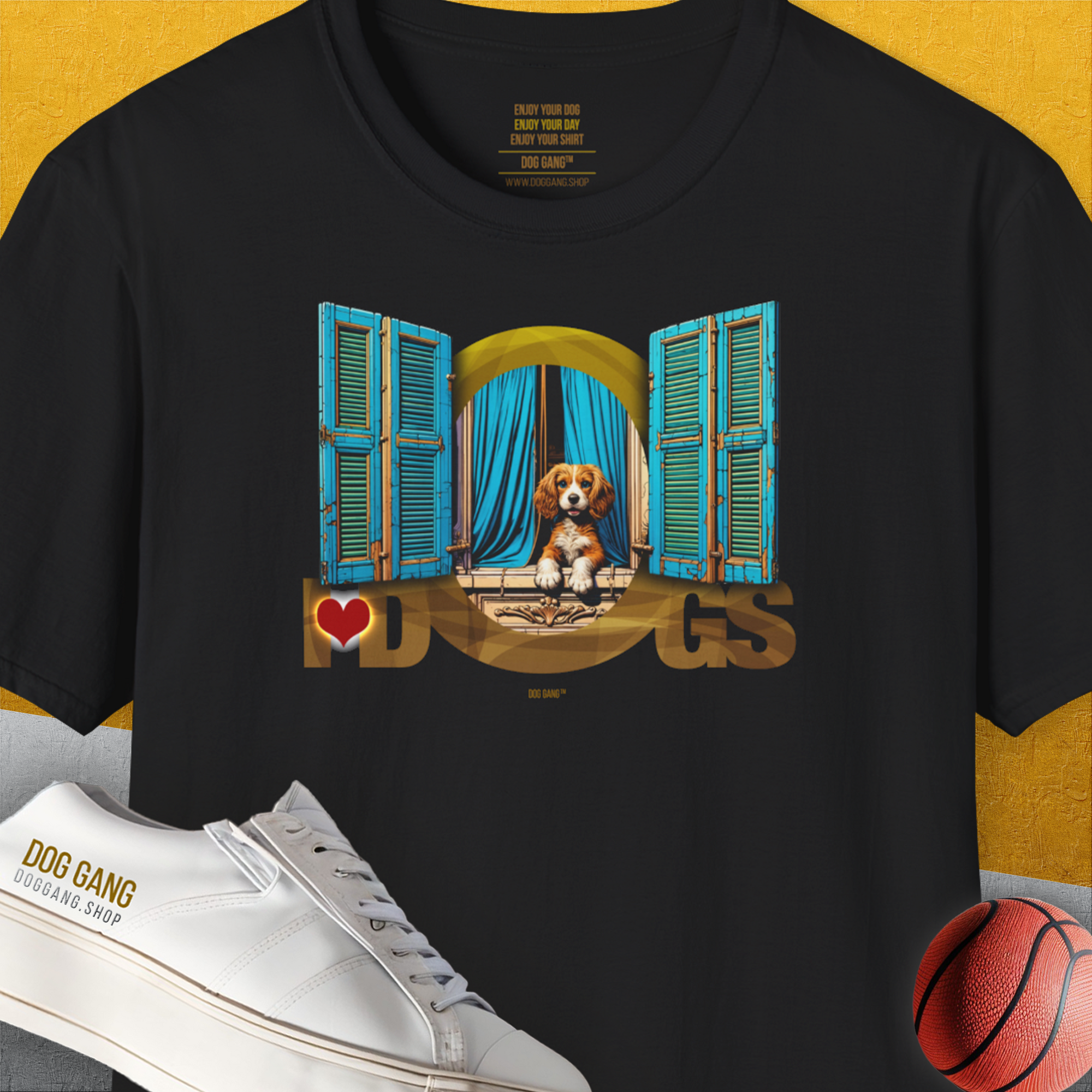 This unisex black T-shirt features a cute puppy looking out of a window with the saying I Love Dogs. From the legendary "I Love Dogs"-Series I, Volume 8. A perfect gift for dog lovers. Designed by Dog Gang.