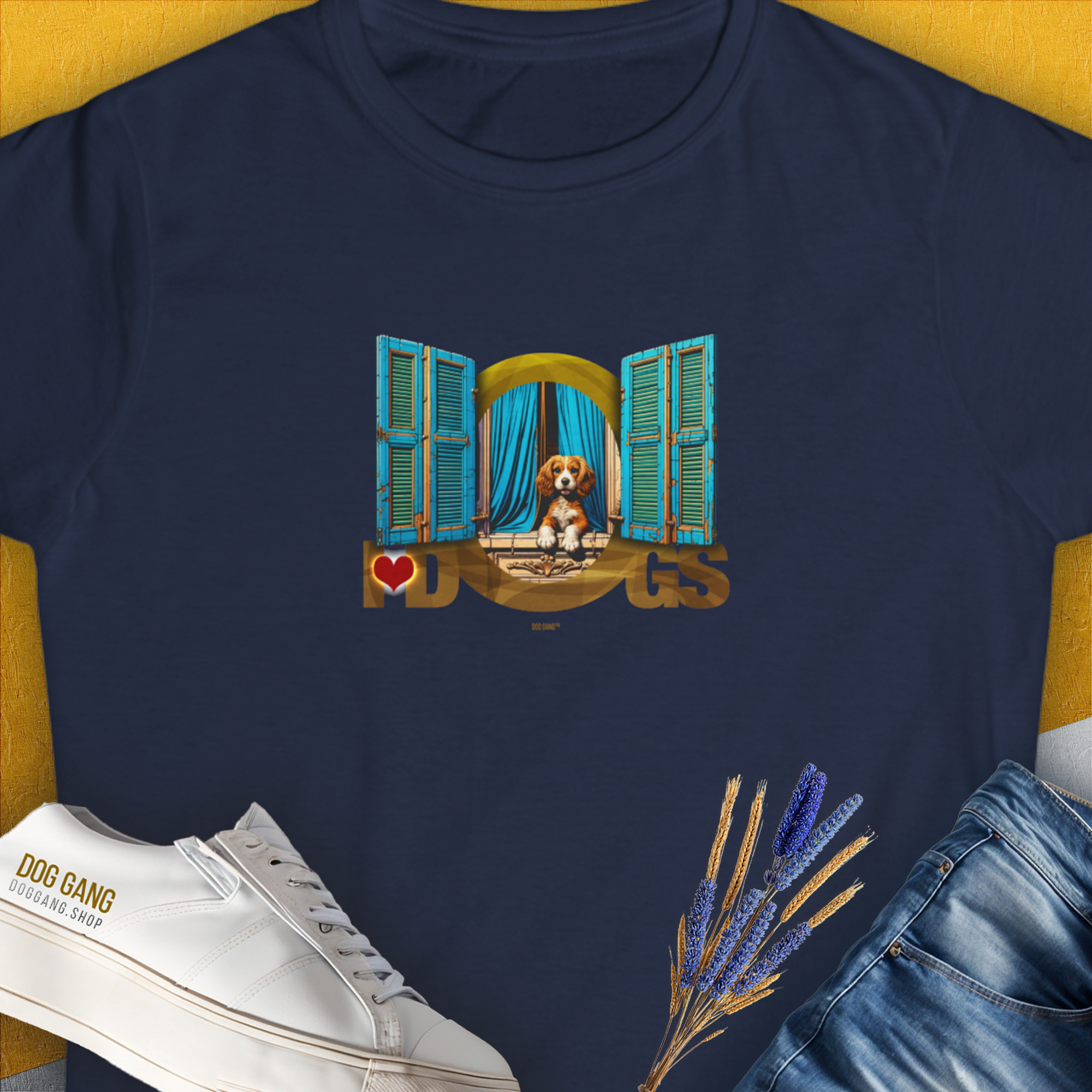 The navy t-shirt features a cute dog design with a dog graphic and the light blue text I ♥ DOGS. Volume 8 of the popular "I LOVE DOGS" No. 1-Series, designed by Dog Gang. 