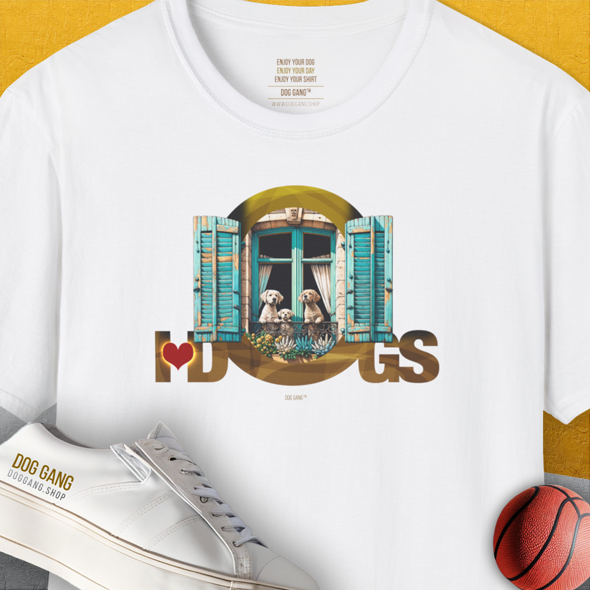 Dog lover shirt: The I ❤️ DOGS design shows two playful dogs at a window, offering a cute dog design for any dog person. Volume 9 from the famous *I love dogs"-series, designed by Dog Gang.