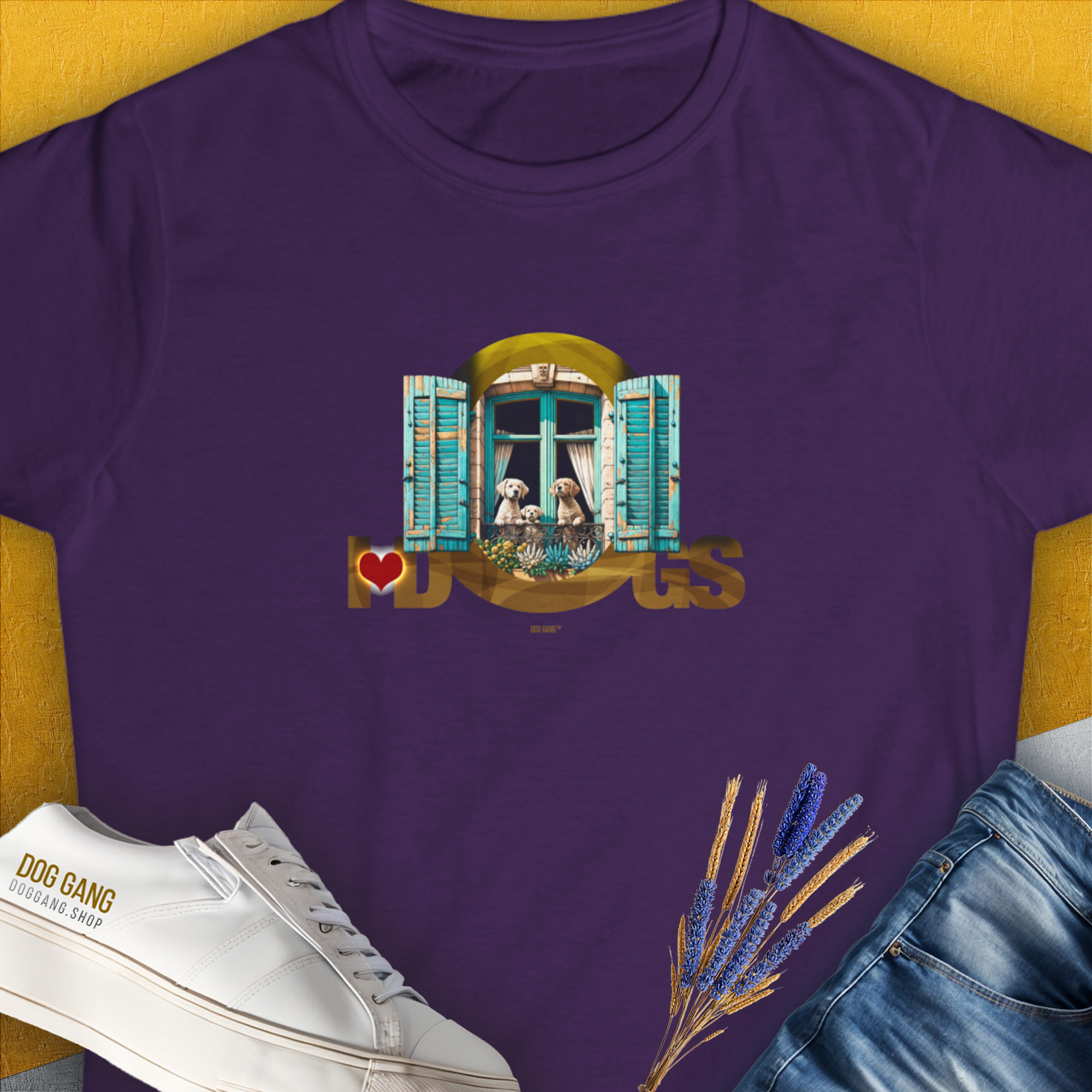 Our womens t-shirt features a cute dog design with two dogs and DOGS text in a window style. Volume 9 of the popular I LOVE DOGS 1-Series, designed by Dog Gang. 