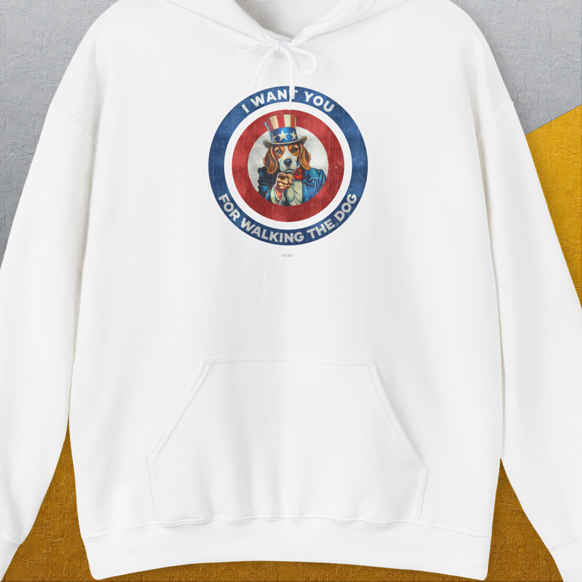 Patriotic dog in a hat saying I Want You For Walking The Dog, Volume 1. Perfect for the funny dog shirt collection. Designed by Dog Gang.