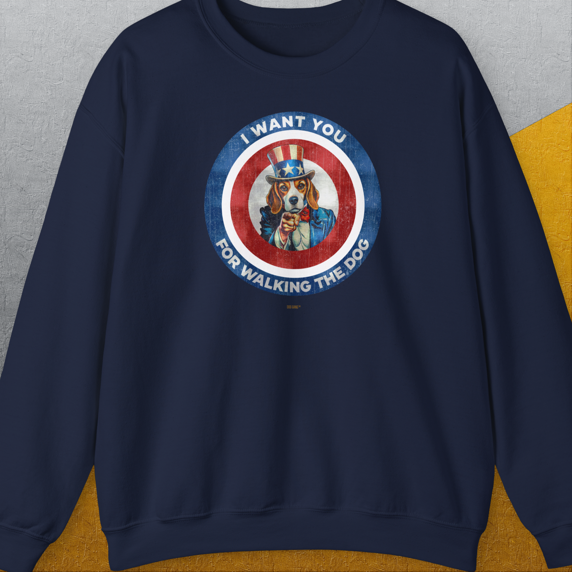 Funny dog shirt with a cute dog in Uncle Sam attire and the quote I Want You For Walking The Dog, Volume 1. Designed by Dog Gang.