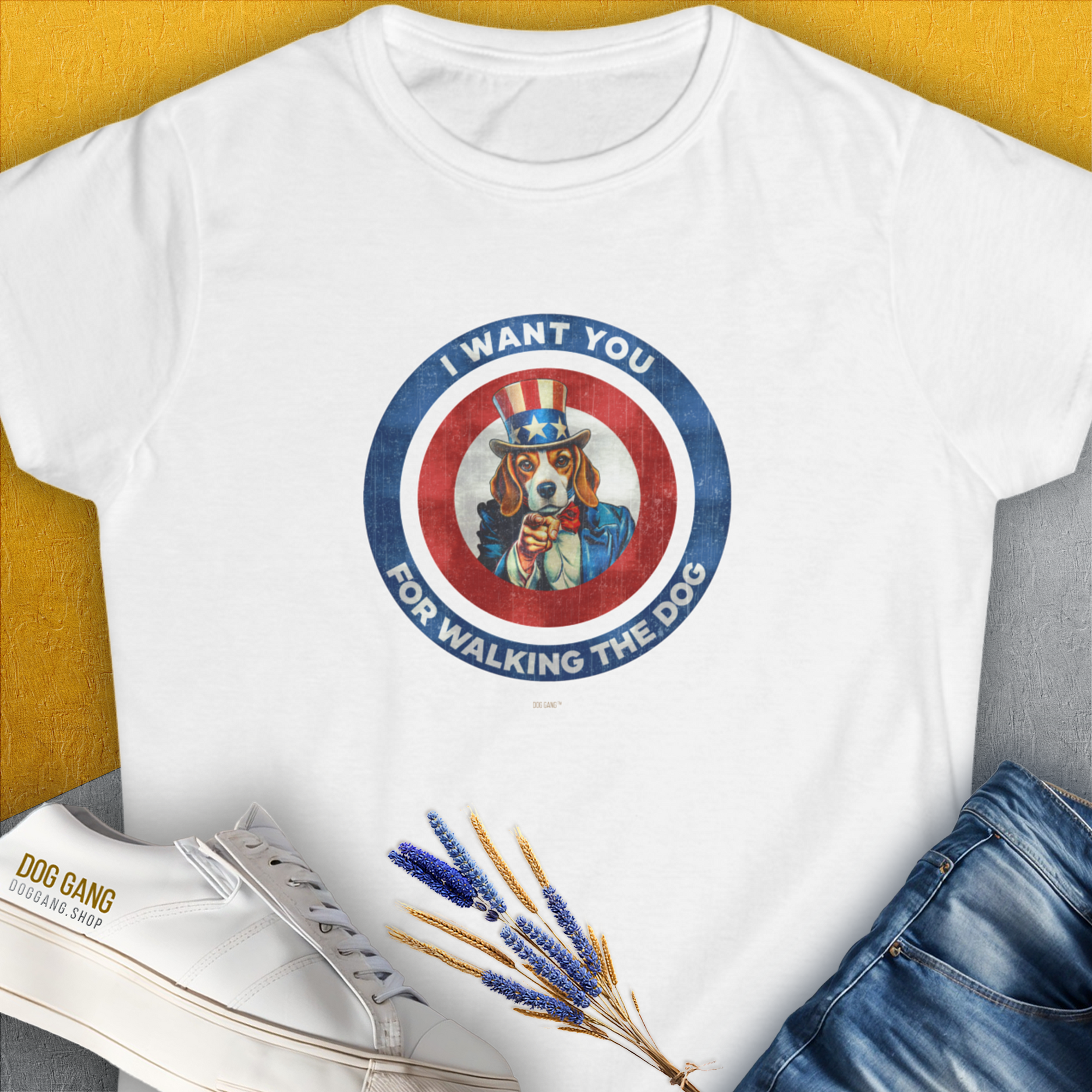 This semi-fitted Womens T-shirt features a dog in a patriotic outfit with the saying, I WANT YOU FOR WALKING THE DOG. Its perfect for any dog owner. Designed by Dog Gang.
