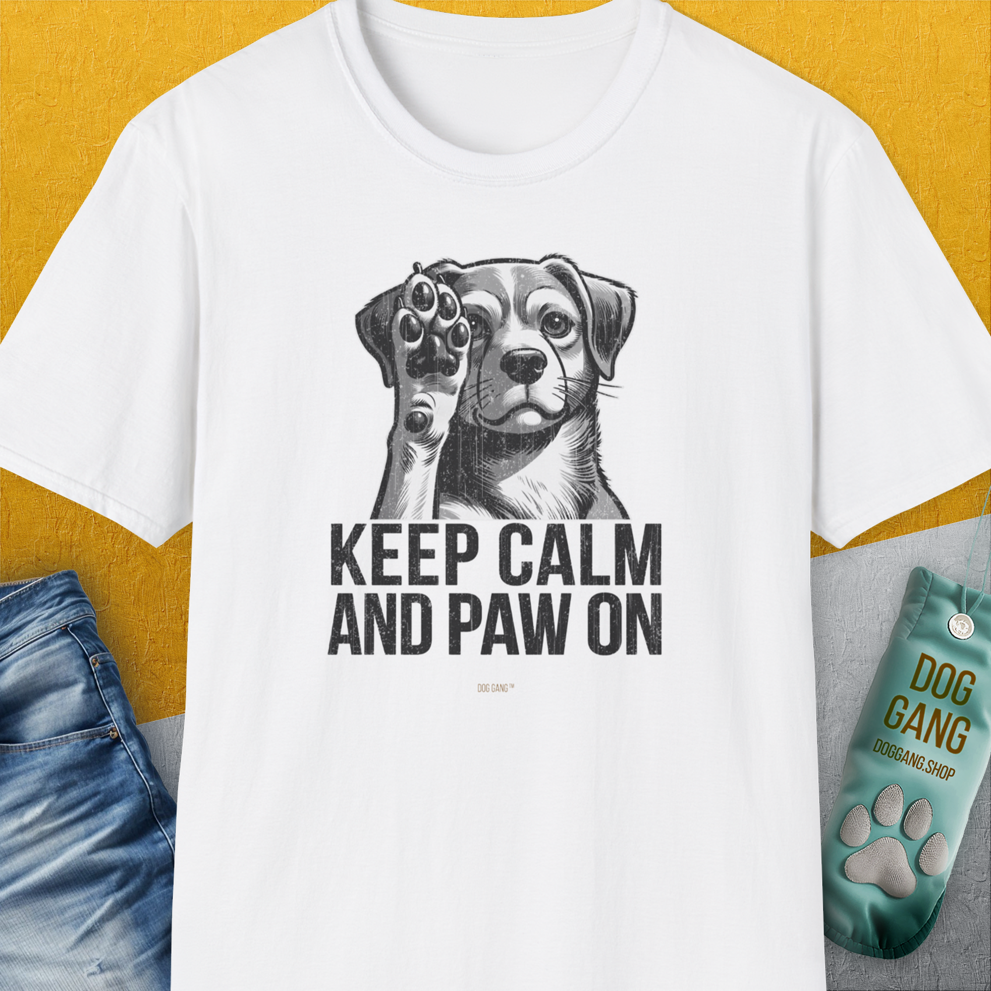 Keep Calm And Paw On, Volume 1, Unisex T-Shirt-White. A perfect gift for dog lovers and dog owners. Design by Dog Gang