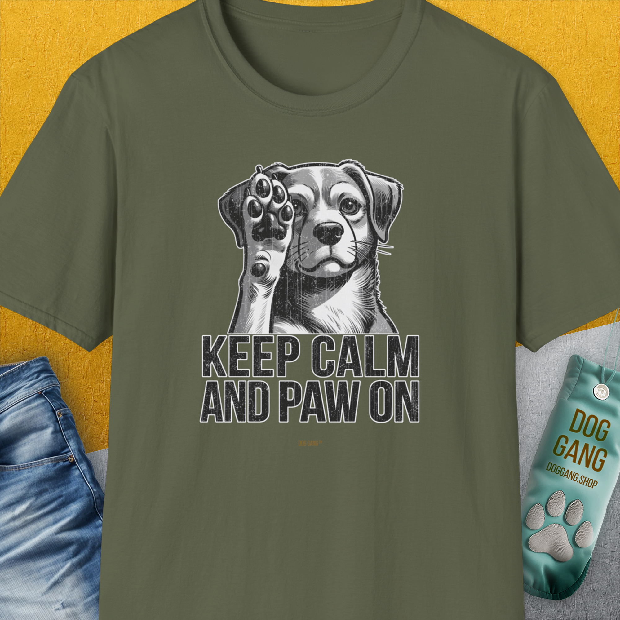 Keep Calm And Paw On, Volume 1, Unisex T-Shirt-Military Green, Design by Dog Gang