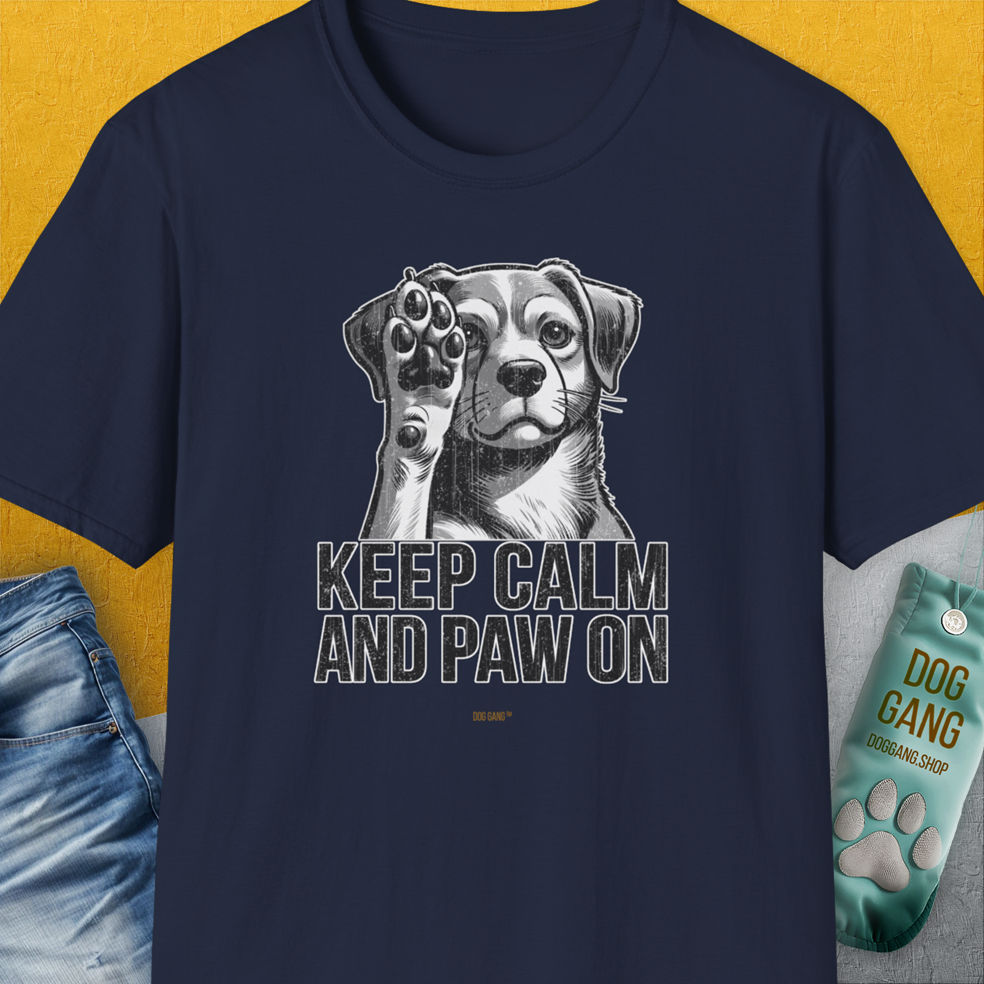 Keep Calm And Paw On, Volume 1, Unisex T-Shirt-Navy, Design by Dog Gang