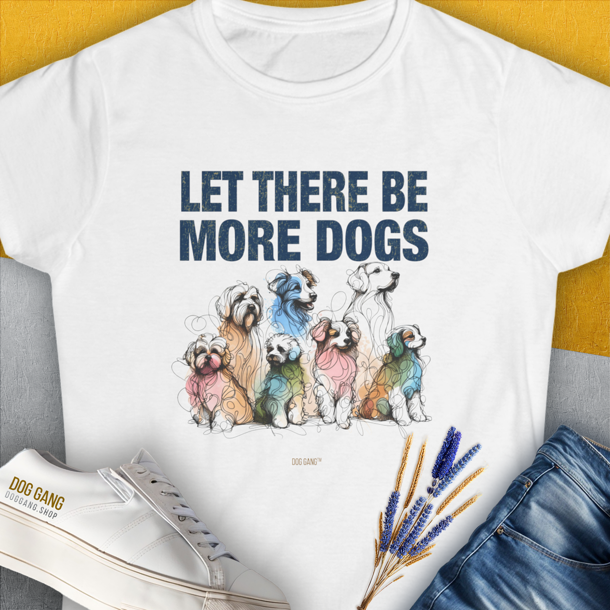 Let There Be More Dogs Womens T-Shirt has colorful dog illustrations with a cute dog design quote on a soft white tee. Perfect for any dog lover. Designed by Dog Gang.