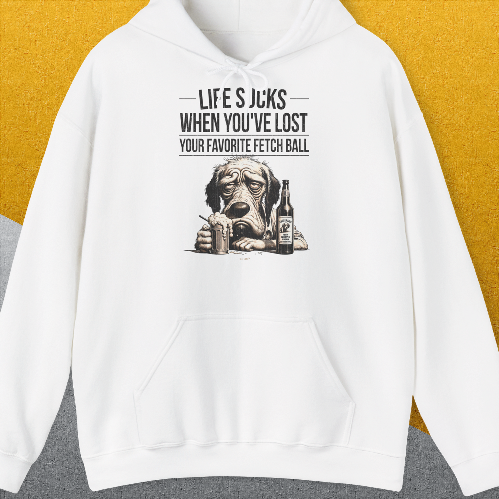 Life Sucks When You've Lost Your Favorite Fetch Ball, Volume 5, Unisex Hoodie-White-humorvolles Hundeshirt, lustiger Spruch mit Hund, Design by Dog Gang