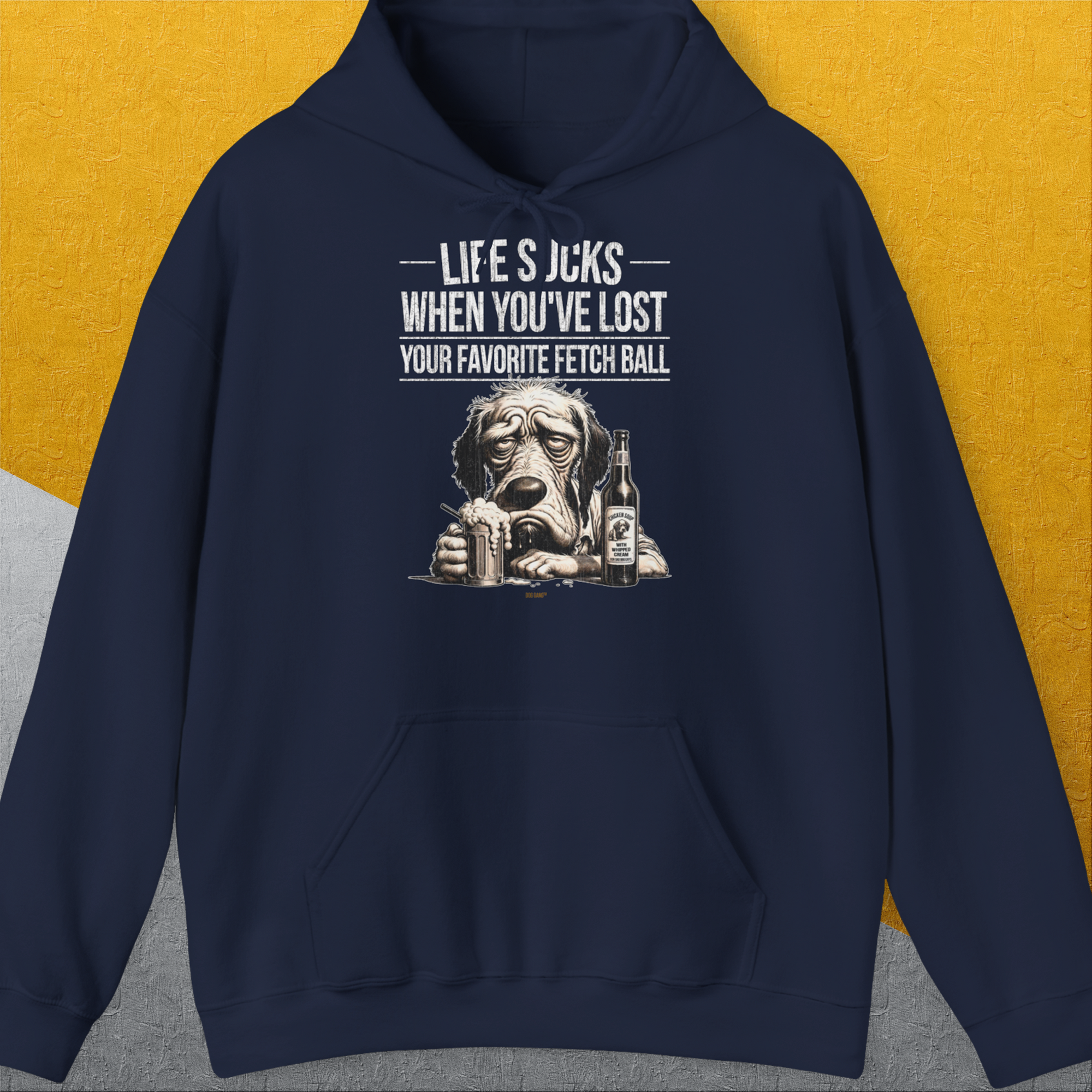 Life Sucks When You&#39;ve Lost Your Favorite Fetch Ball, Volume 5, Unisex Hoodie-Navy-originelles und lustiger Kapuzi, Design by Dog Gang