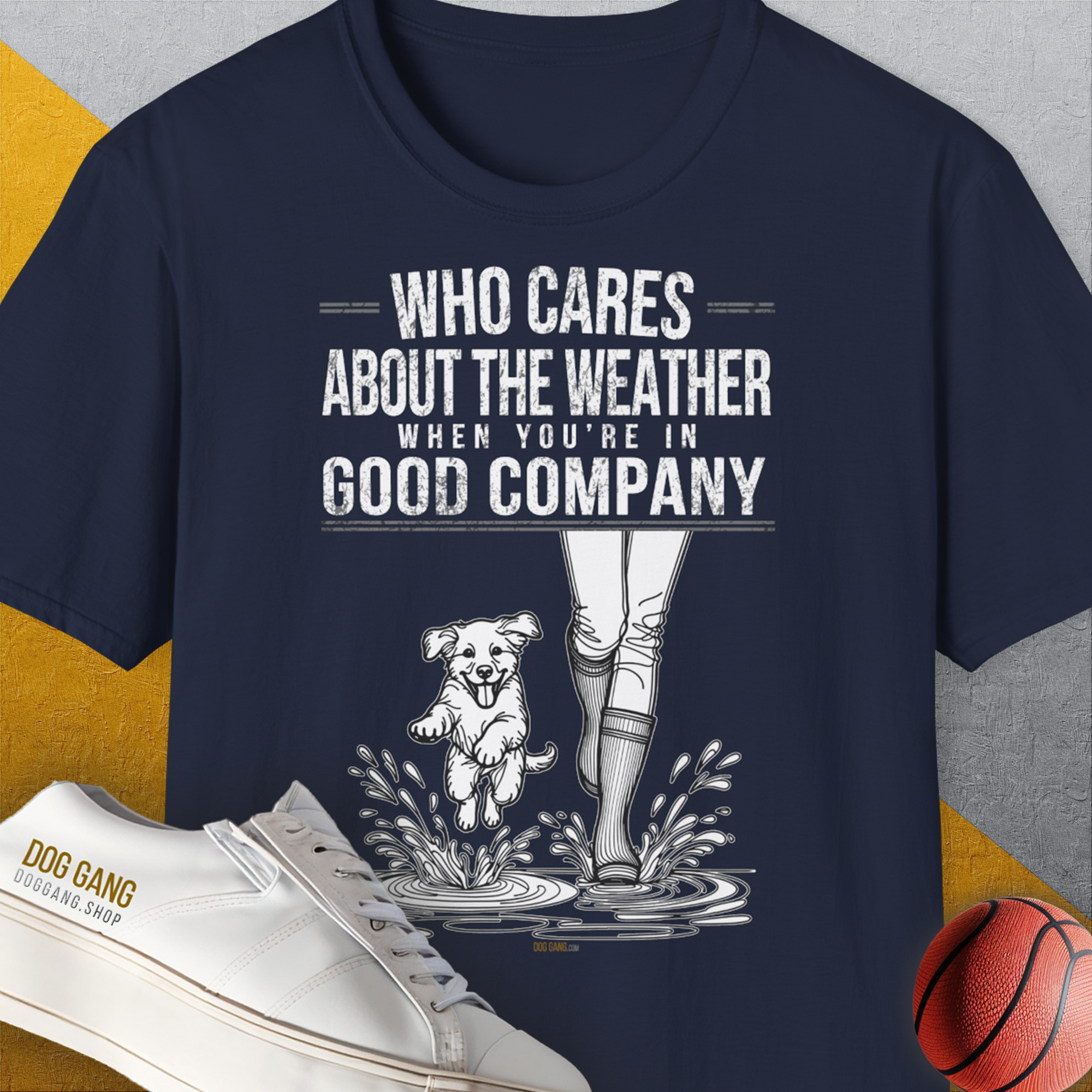 Who Cares About The Weather When You're In Good Company, Volume 2, Unisex T-Shirt-Navy-humorvolles Hundeshirt, lustiger Spruch mit Hund, Design by Dog Gang