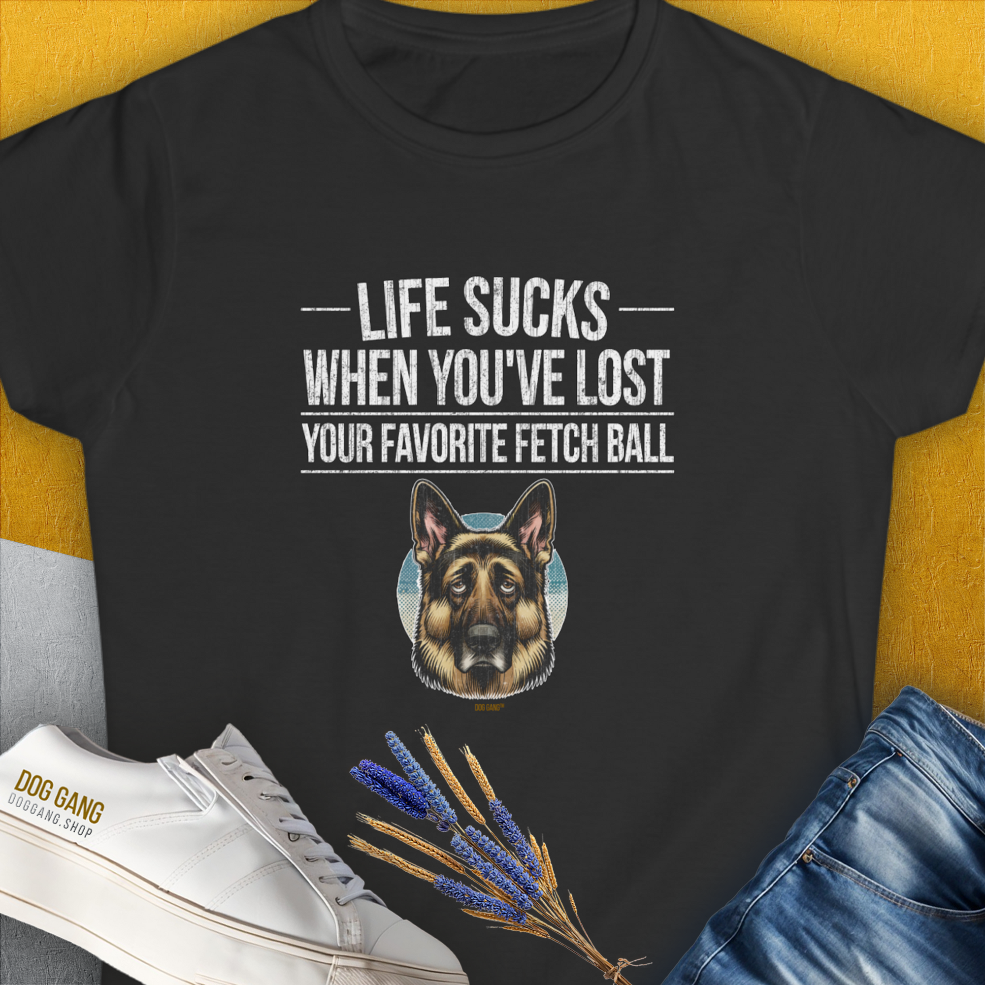 The black Life Sucks When Youve Lost Your Favorite Fetch Ball, Volume 4 Womens T-Shirt showcases a dogs face (German Shepherd), perfect for any dog lover. Designed by Dog Gang.