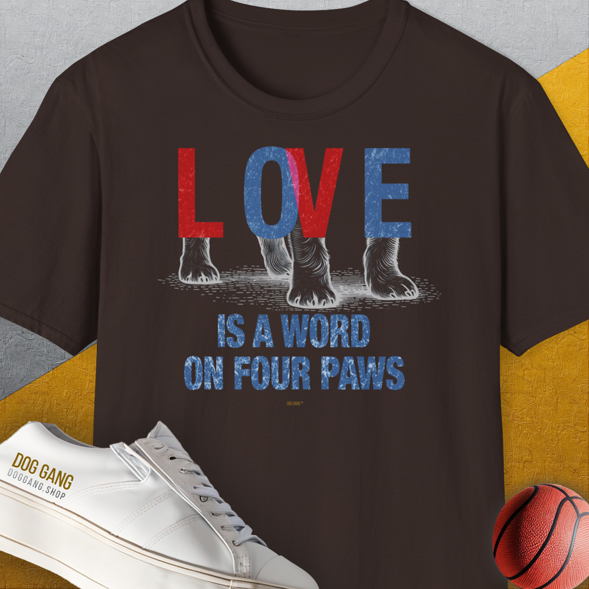 Love Is A Word On Four Paws, Volume 1, Unisex T-Shirt-Dark Chocolate. A perfect gift for dog lovers and dog owners. Design by Dog Gang