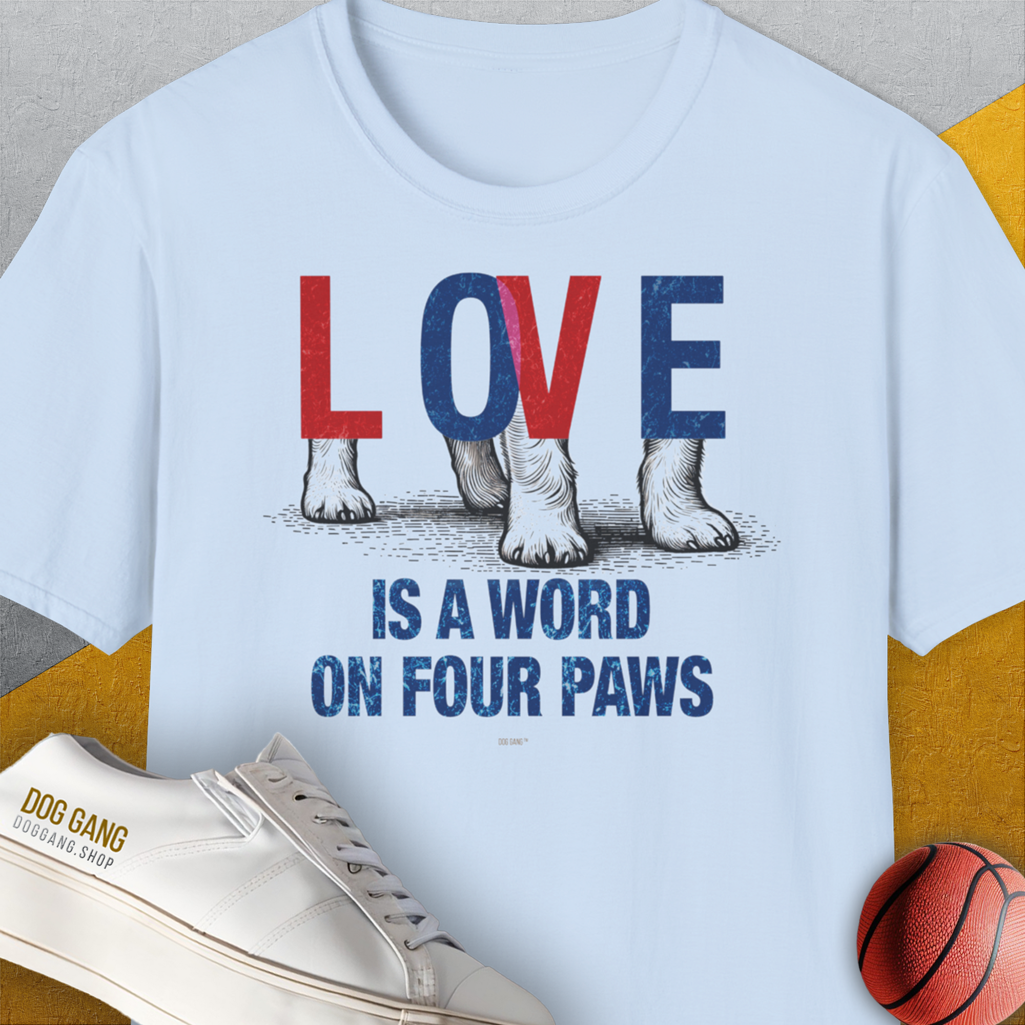 Love Is A Word On Four Paws, Volume 1, Unisex T-Shirt-Light Blue. A dog-themed Design from Dog Gang