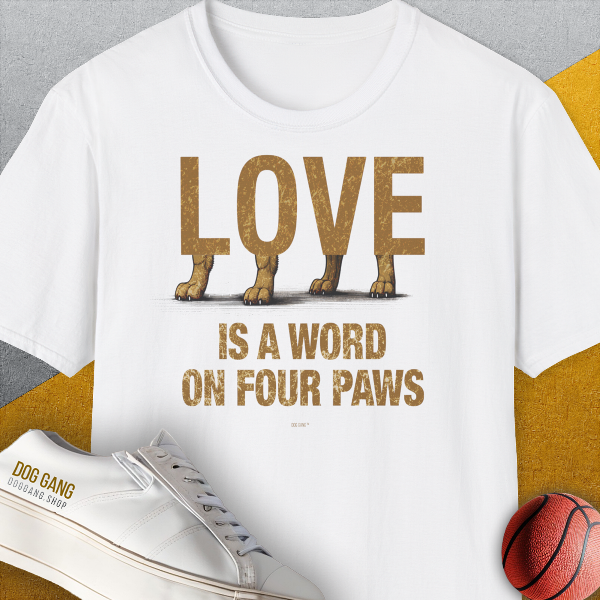 Love Is A Word On Four Paws, Volume 2, Unisex T-Shirt-White. A perfect gift for dog lovers and dog owners. Design by Dog Gang