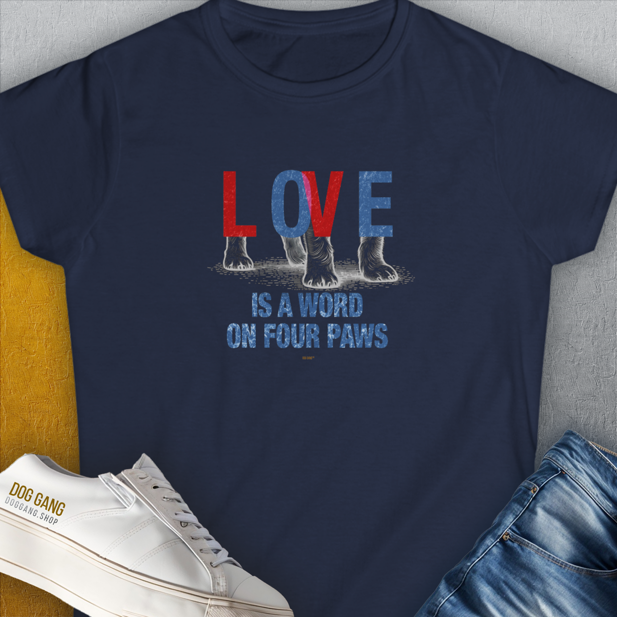 Love Is A Word On Four Paws, Volume 1, Women's T-Shirt-Navy. For dog lovers and dog owners. Design by Dog Gang