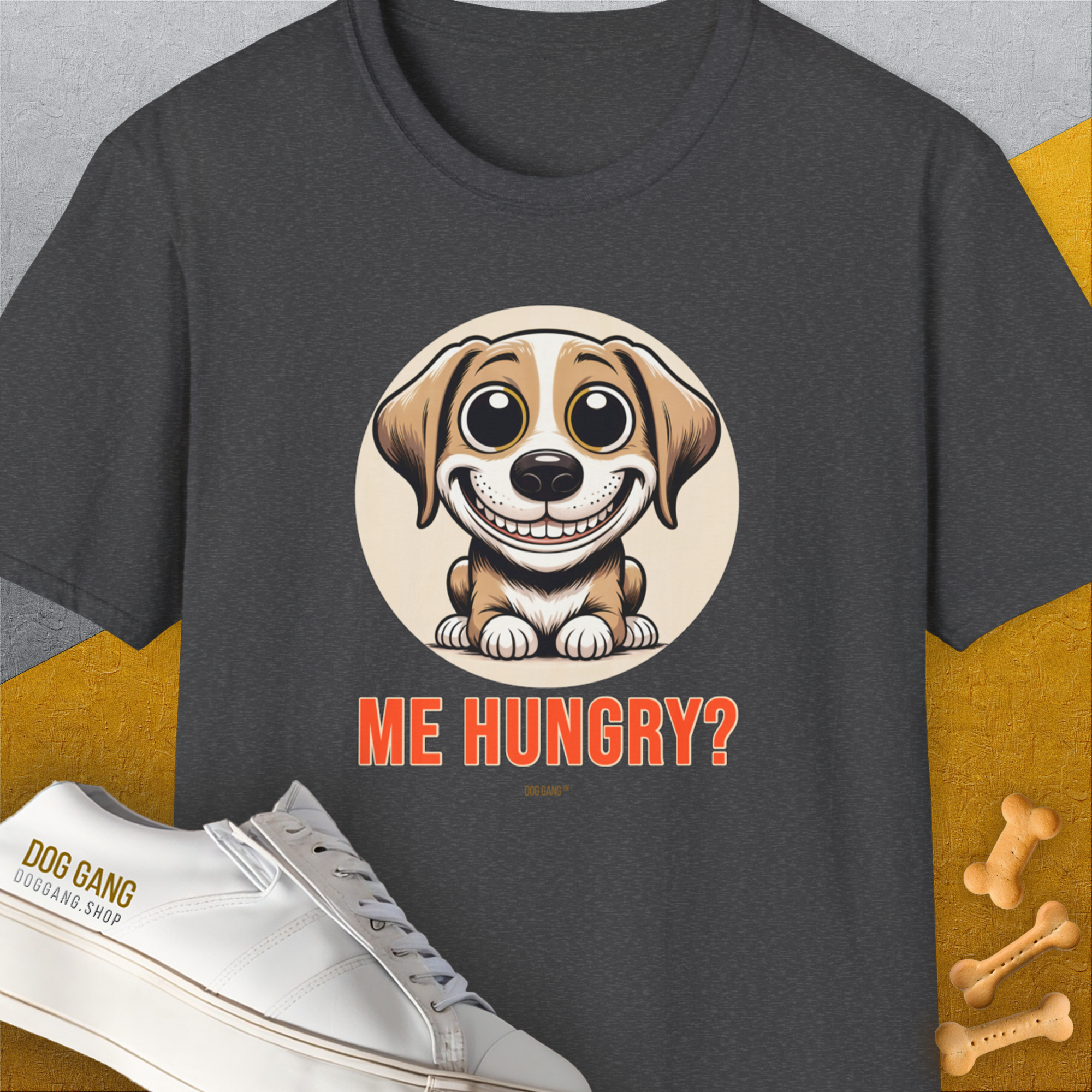 Me Hungry? Volume 2 unisex t-shirt features a cartoon dog with the text Me Hungry? in a playful design. Perfect for any dog lover. Designed by Dog Gang.