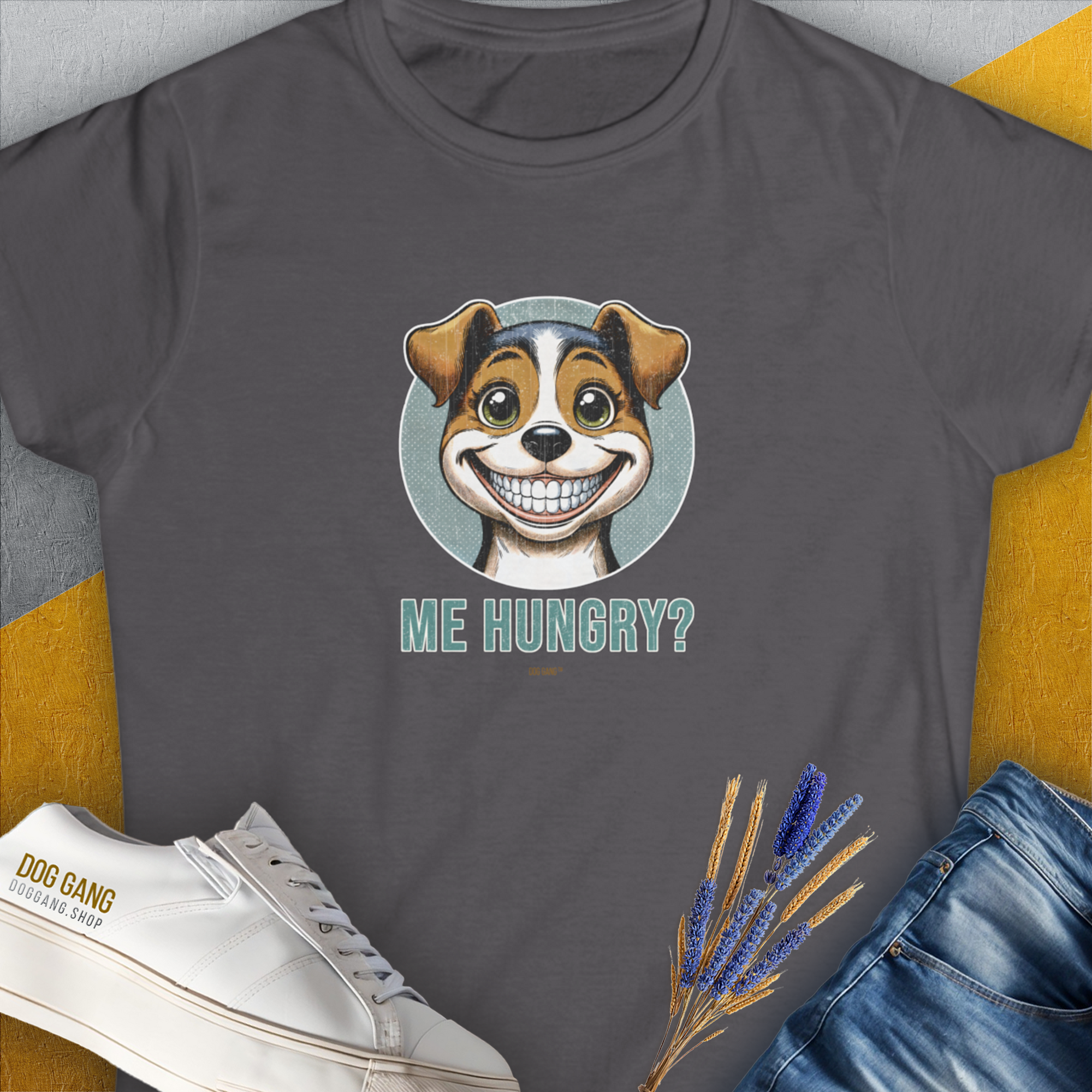 Charcoal tee with a grinning cartoon dog saying ME HUNGRY? Perfect for any dog lover. Designed by Dog Gang.