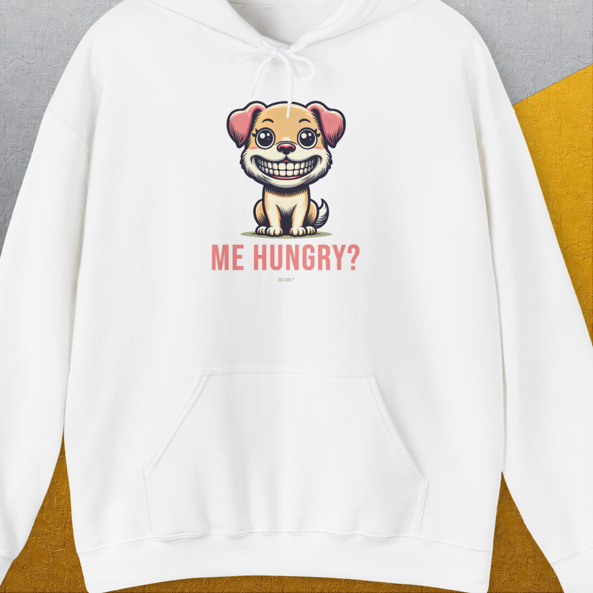 Me Hungry? Volume 1, Unisex Hoodie-White. A perfect gift for dog lovers and dog owners. Design by Dog Gang