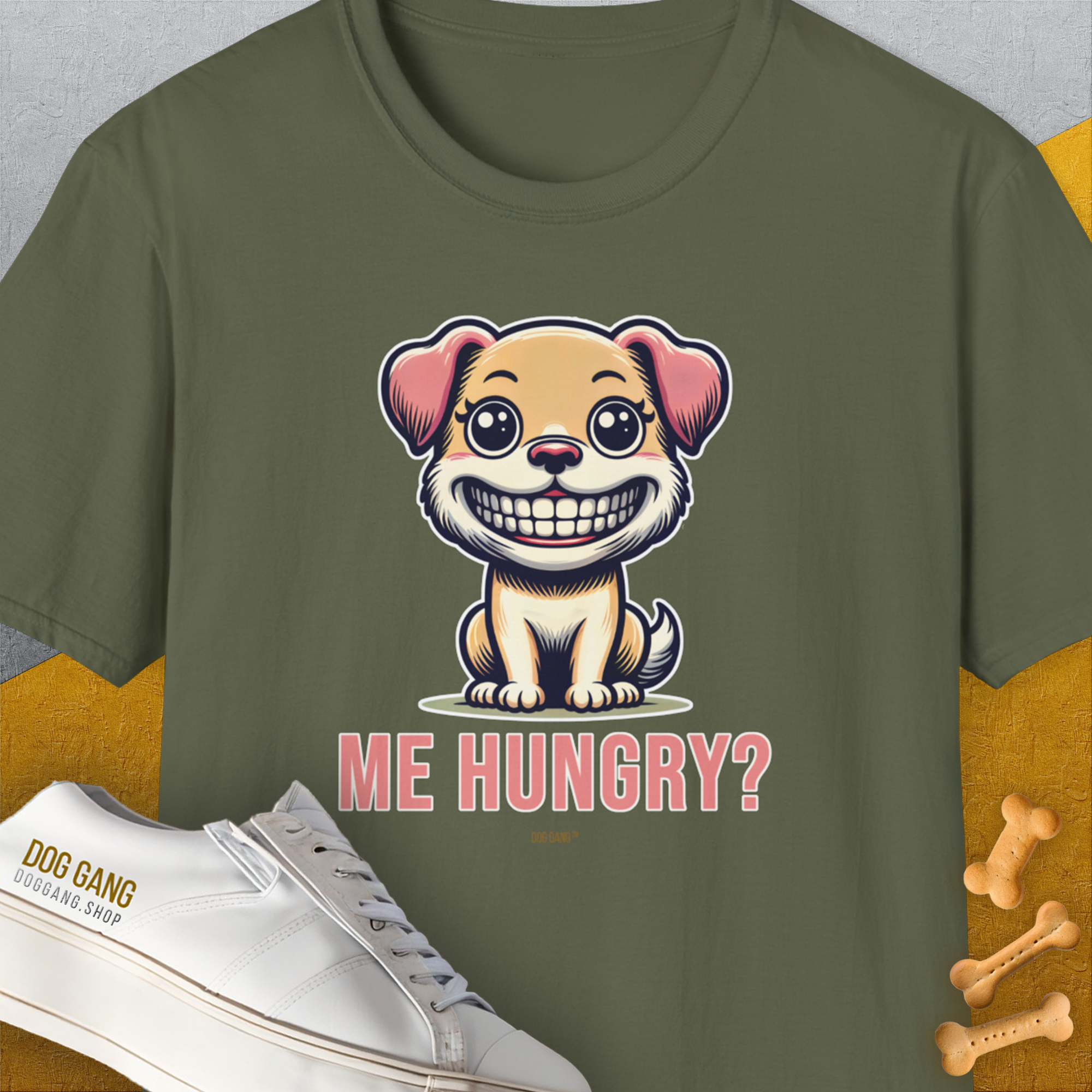 Me Hungry? Volume 1, Unisex T-Shirt-Military Green, Design by Dog Gang