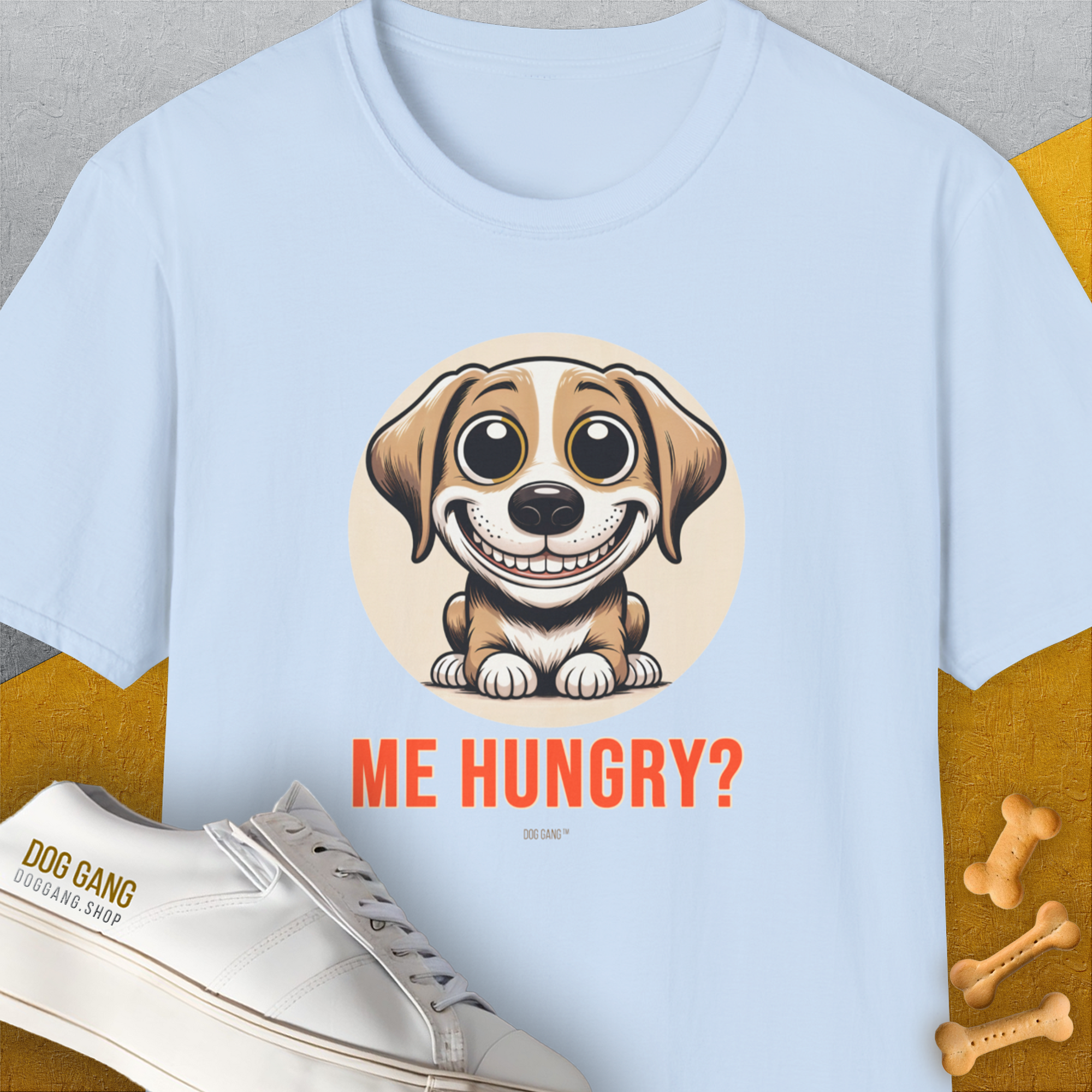 Me Hungry? Volume 2, Unisex T-Shirt-Light Blue. A perfect gift for dog lovers and dog owners. Design by Dog Gang