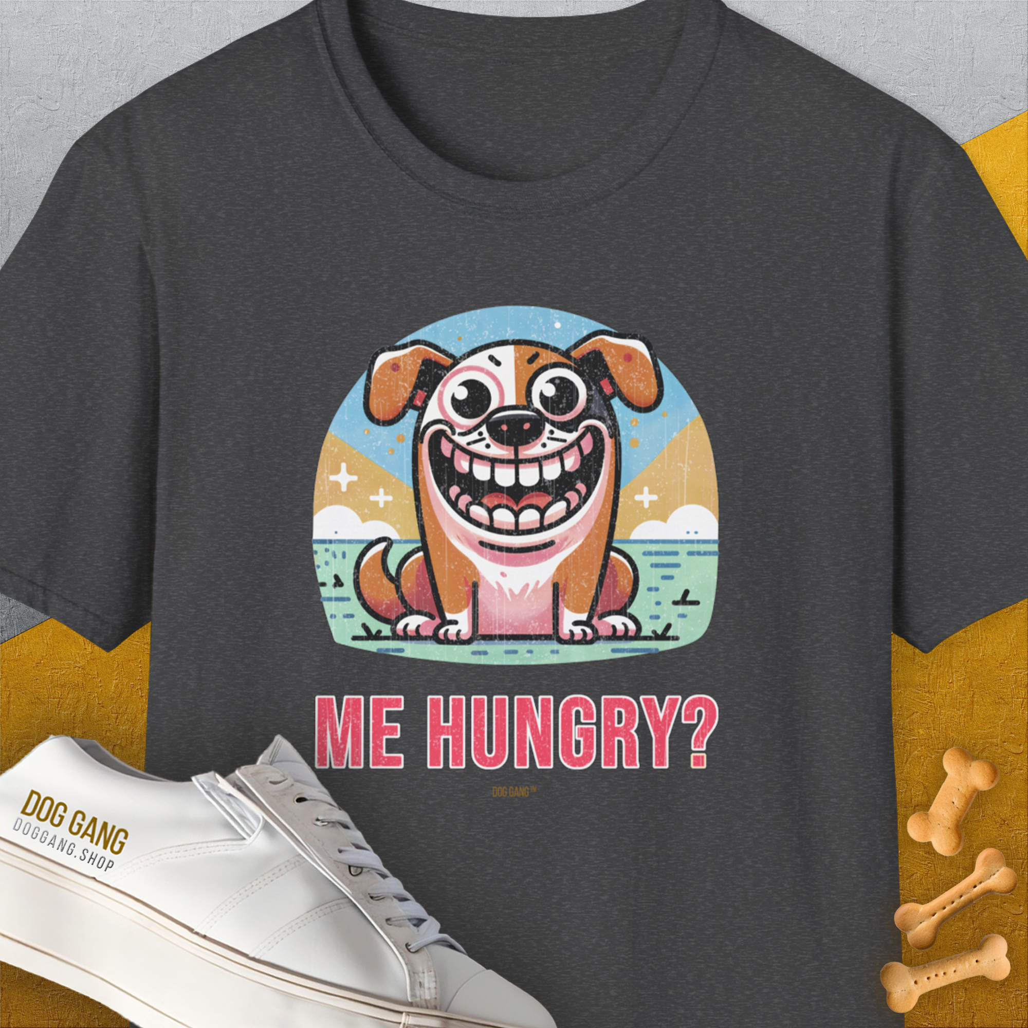 Me Hungry? Volume 3, Unisex T-Shirt-Dark Heather, Design by Dog Gang