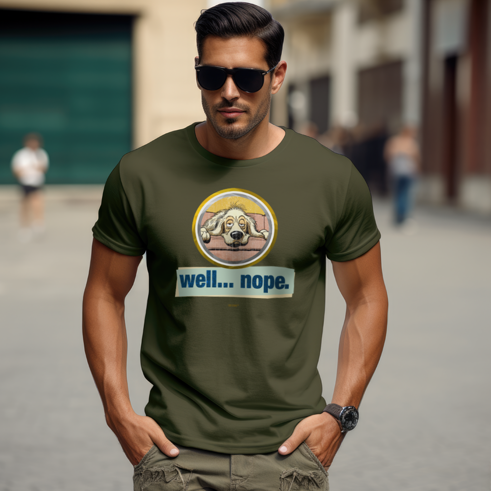 A man wearing an olive green t-shirt with a graphic of a cartoon-like character covering its eyes and the text well... nope. He is also wearing sunglasses, standing outdoors with a building in the background.