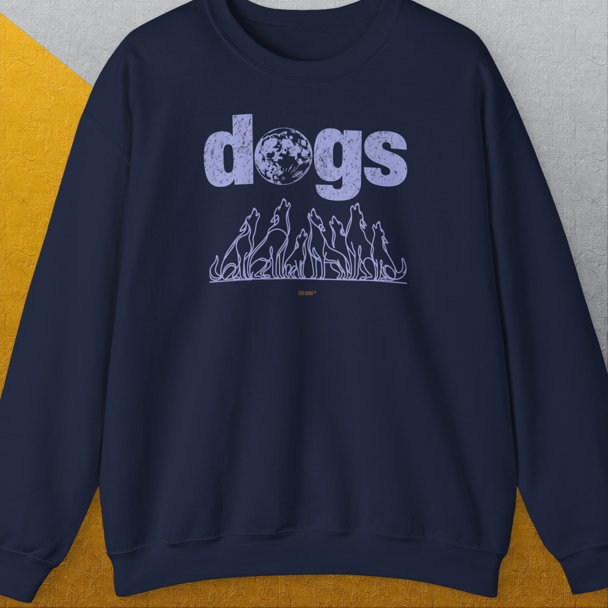 Navy unisex sweatshirt features a cute dog design with howling dogs under a full moon, made from ethically grown cotton. Designed by Dog Gang.