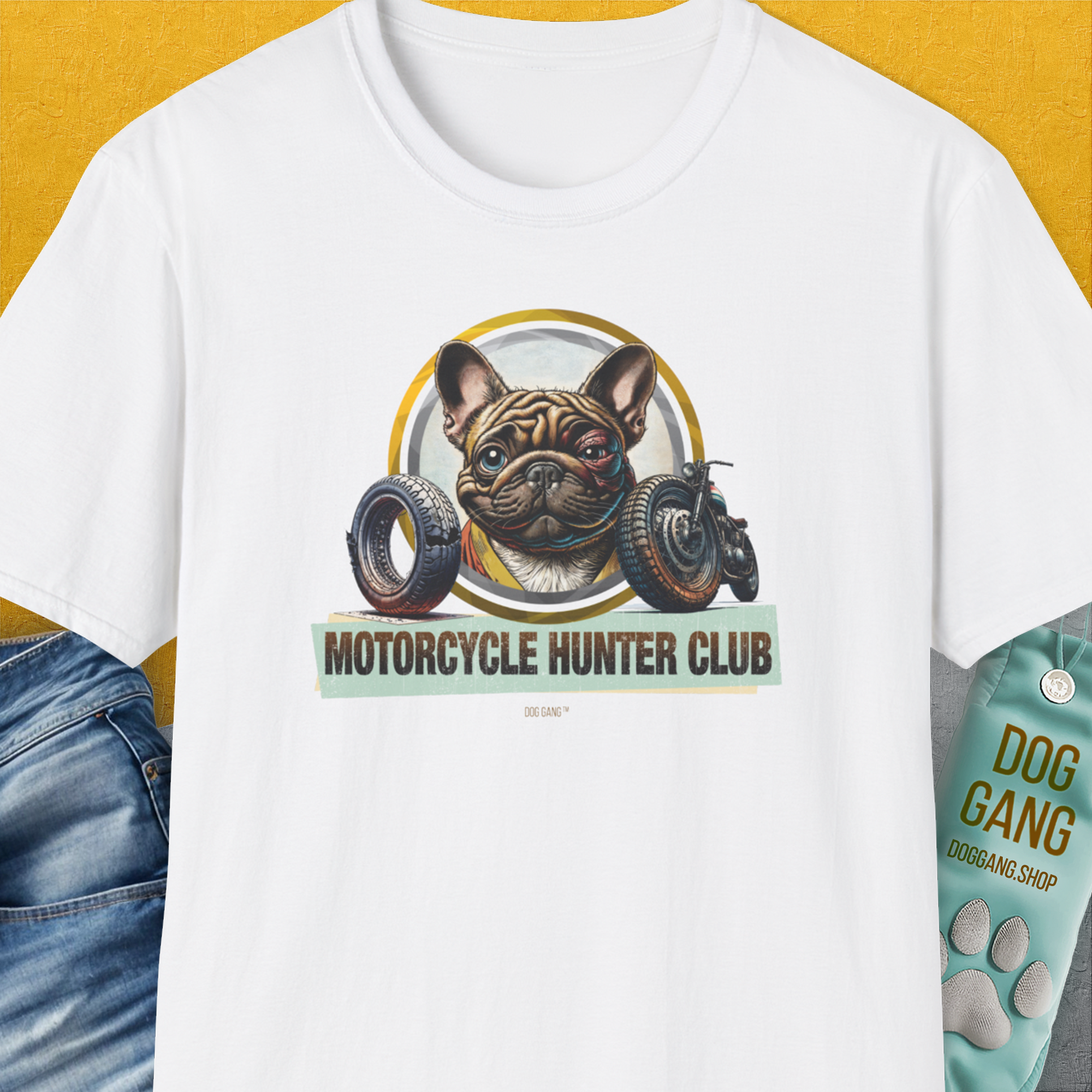 Motorcycle Hunter Club, Volume 3 (French Bulldog), Unisex T-Shirt-White. A perfect gift for dog lovers and dog owners. Design by Dog Gang