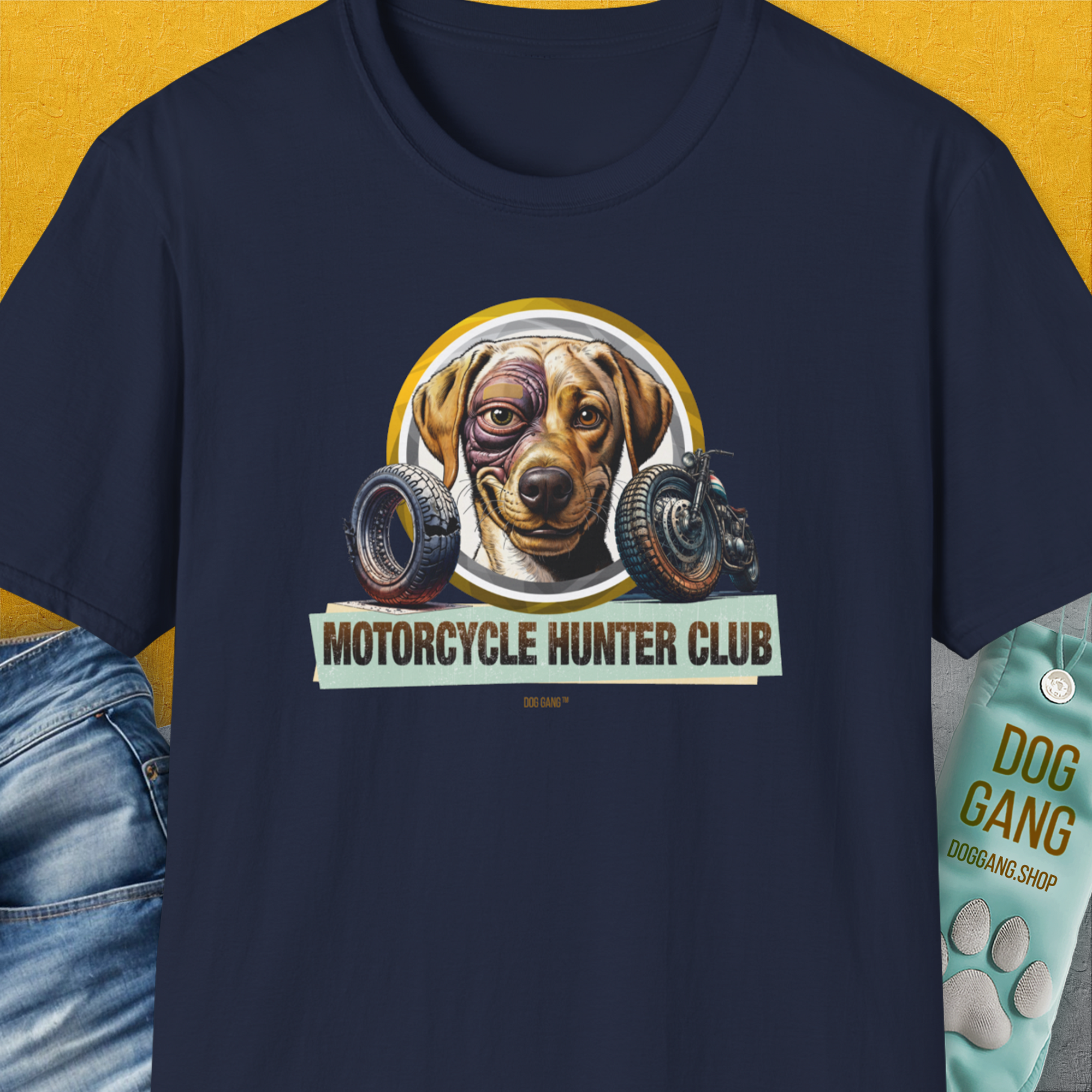 Motorcycle Hunter Club, Volume 4 (Labrador), Unisex T-Shirt-Navy, Design by Dog Gang