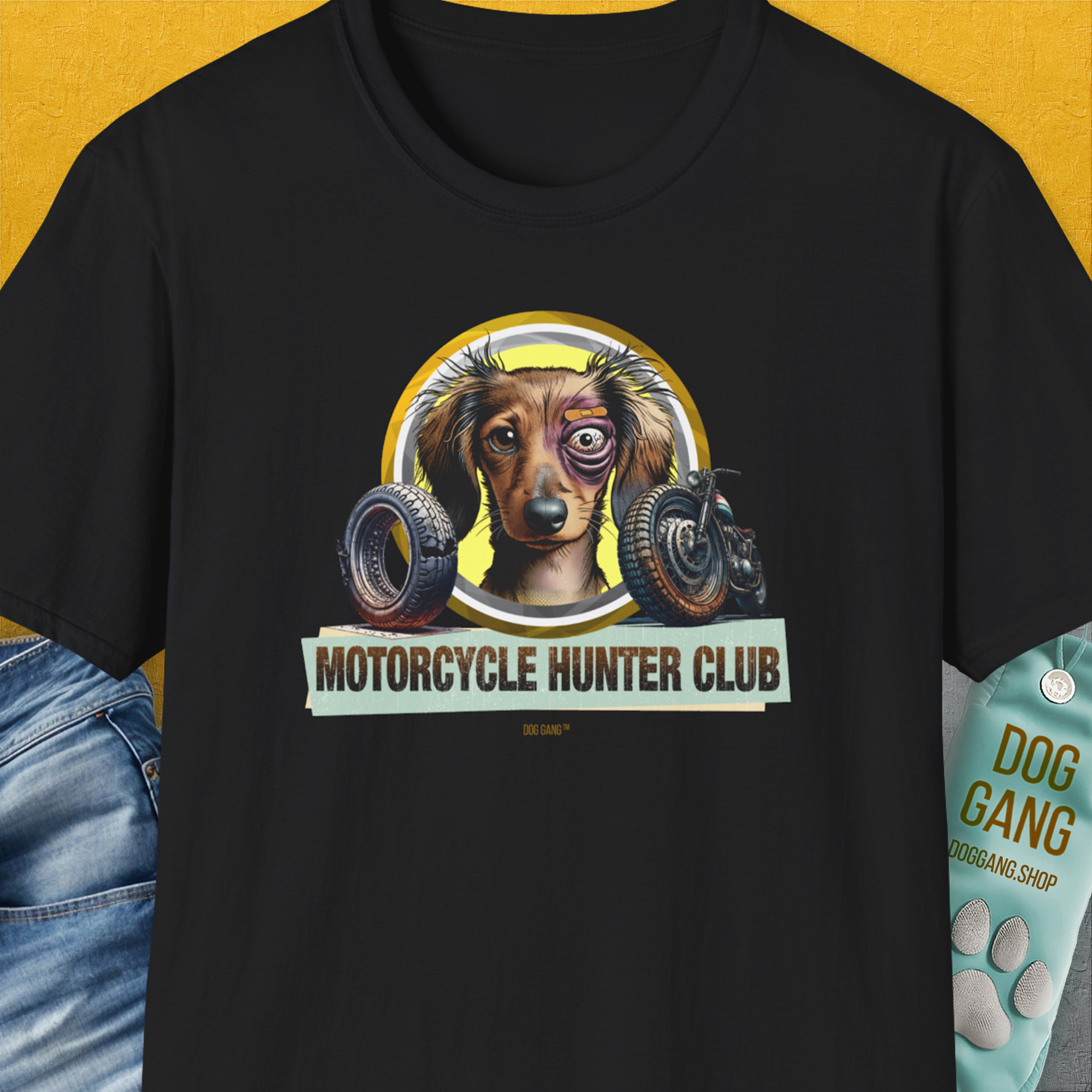 Motorcycle Hunter Club, Volume 5 (Dackel / Dachshund), Unisex T-Shirt-Black, Design by Dog Gang